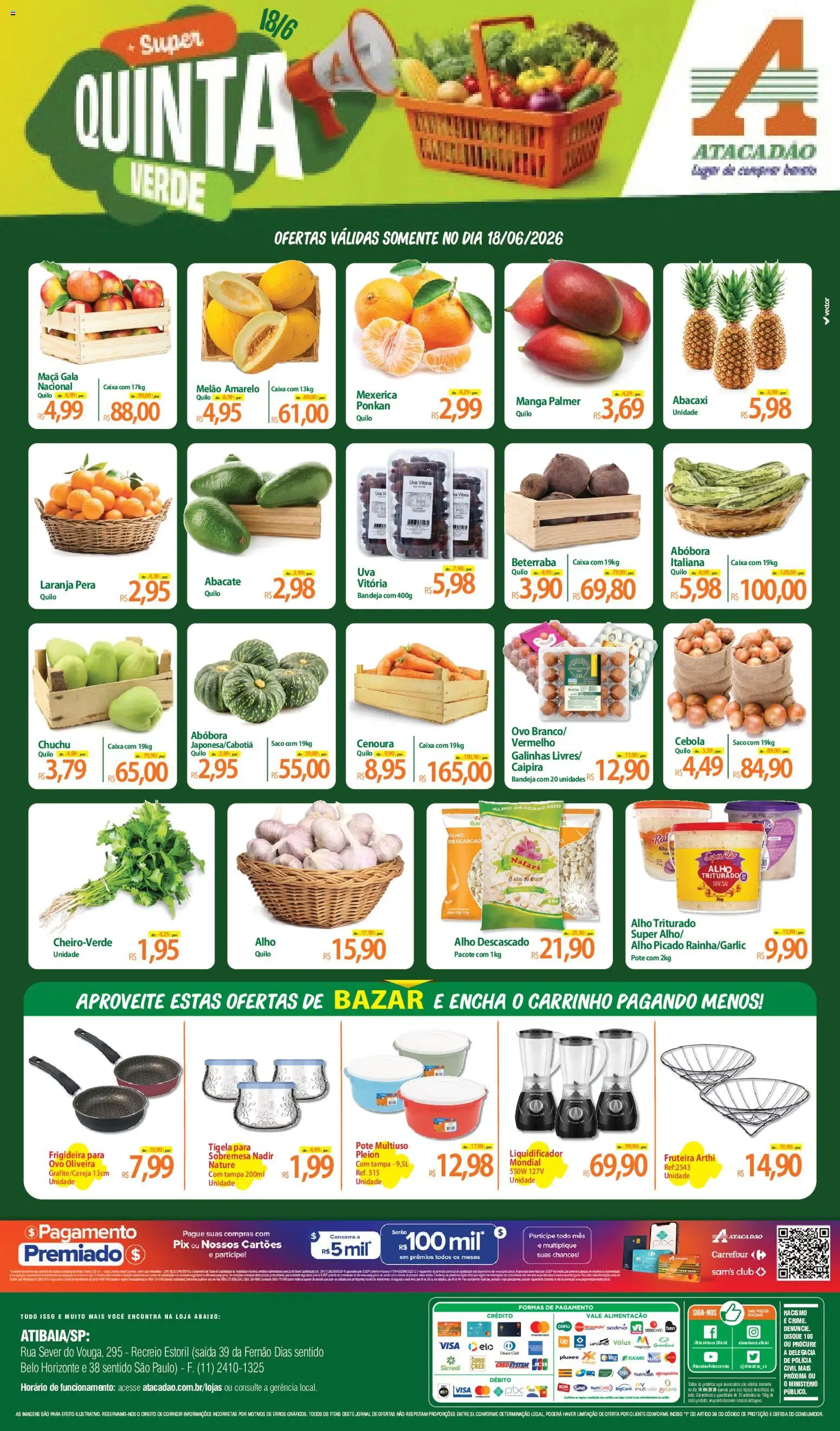 Pré-Visualização do folheto "Atacadão ofertas - SP" da loja Atacadão válido a partir de 18/06/2026 - Liquidificador, Manga, Sal, Abacate, Cenoura, Bandeja, Tigela, Descarga