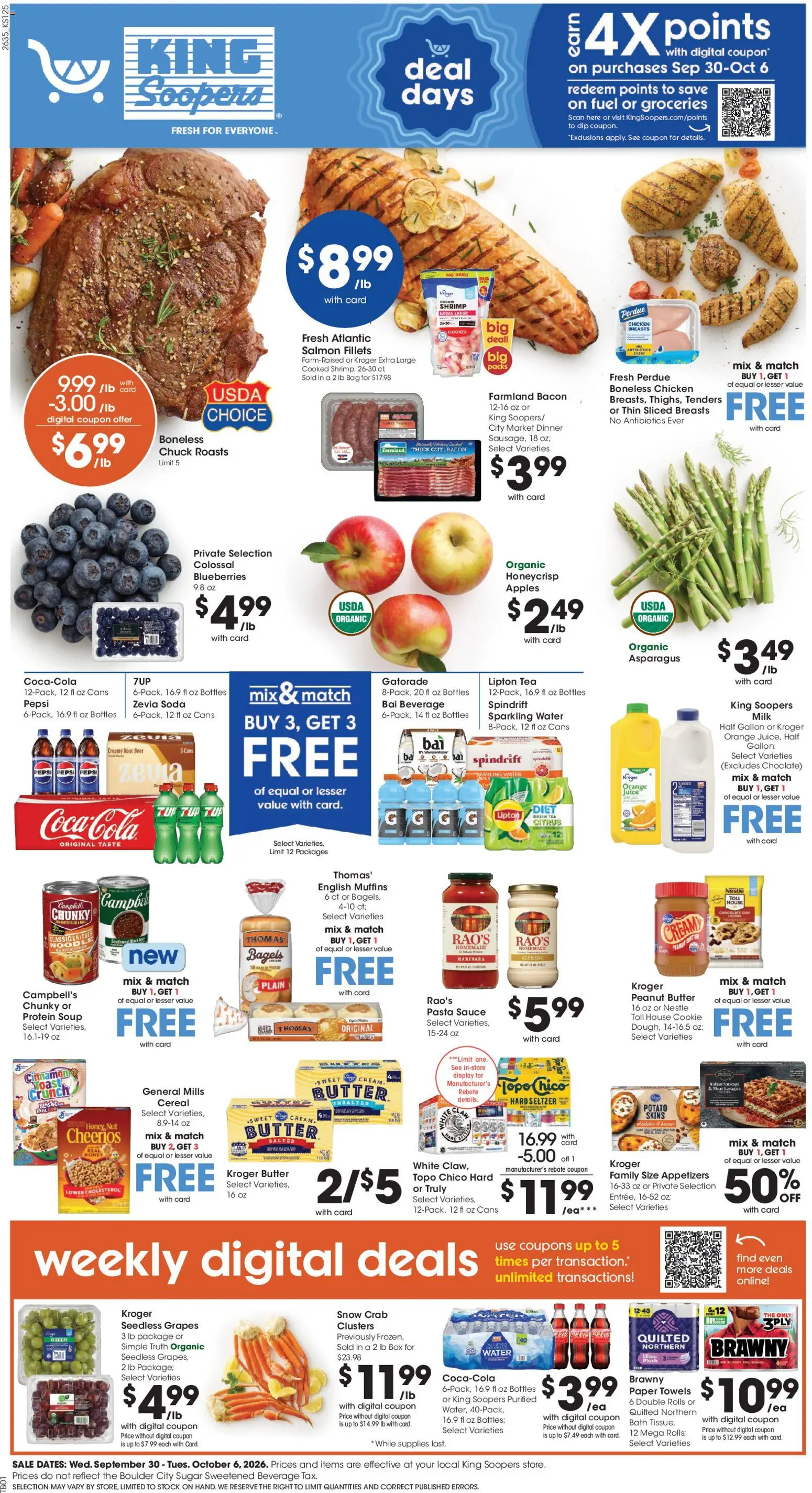 Ad Preview of King Soopers King Soopers Weekly Ad from 09/30/2026 - Pasta, Water, Honey, Grapes, Orange juice, Paper towels, Chocolate Chip, Seedless grapes