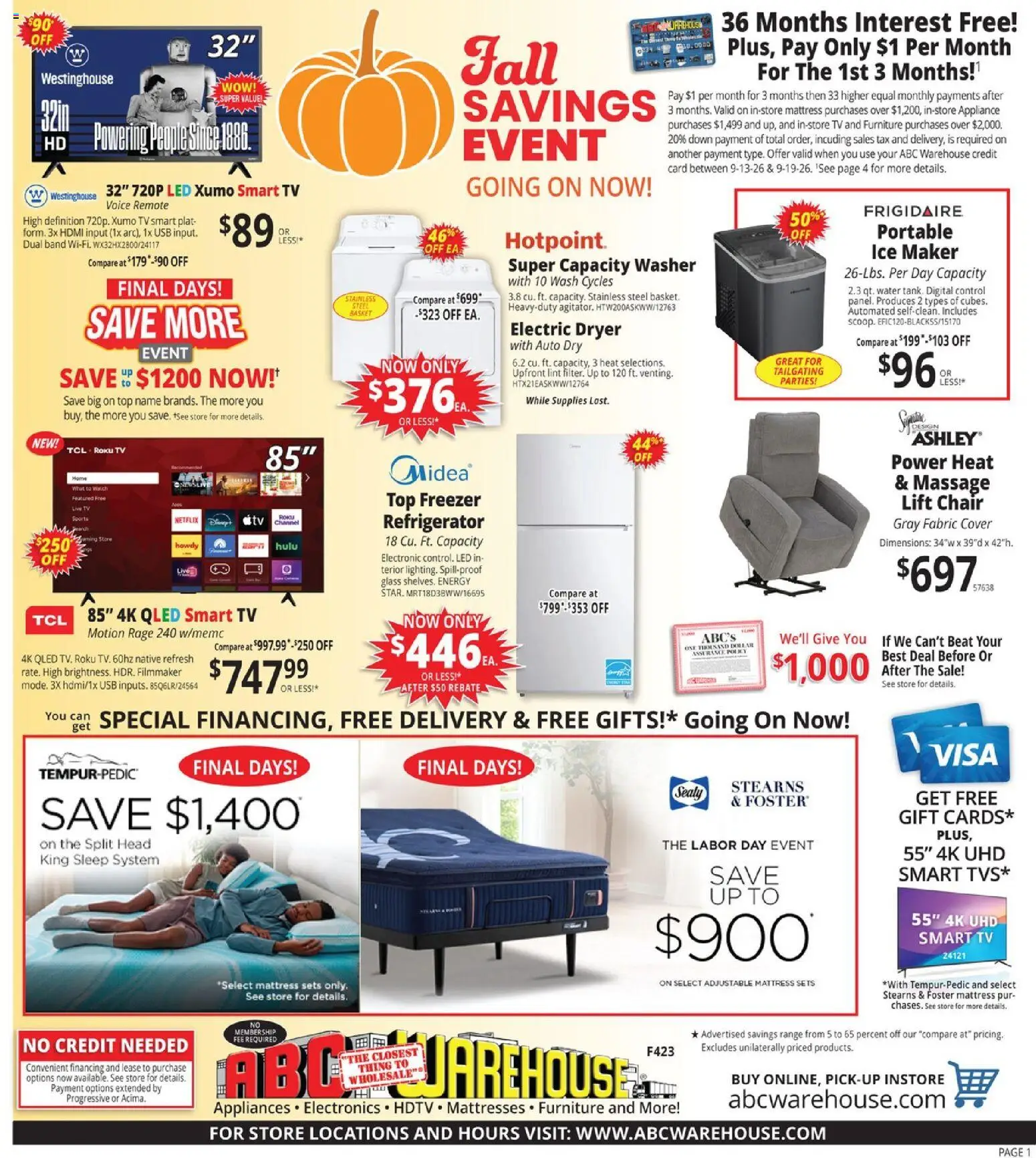 Ad Preview of ABC Warehouse ABC Warehouse Weekly Ad from 09/13/2026 - Ice, Mattress, Watch, Ice Maker, Basket, Freezer, Usb, Lift Chair