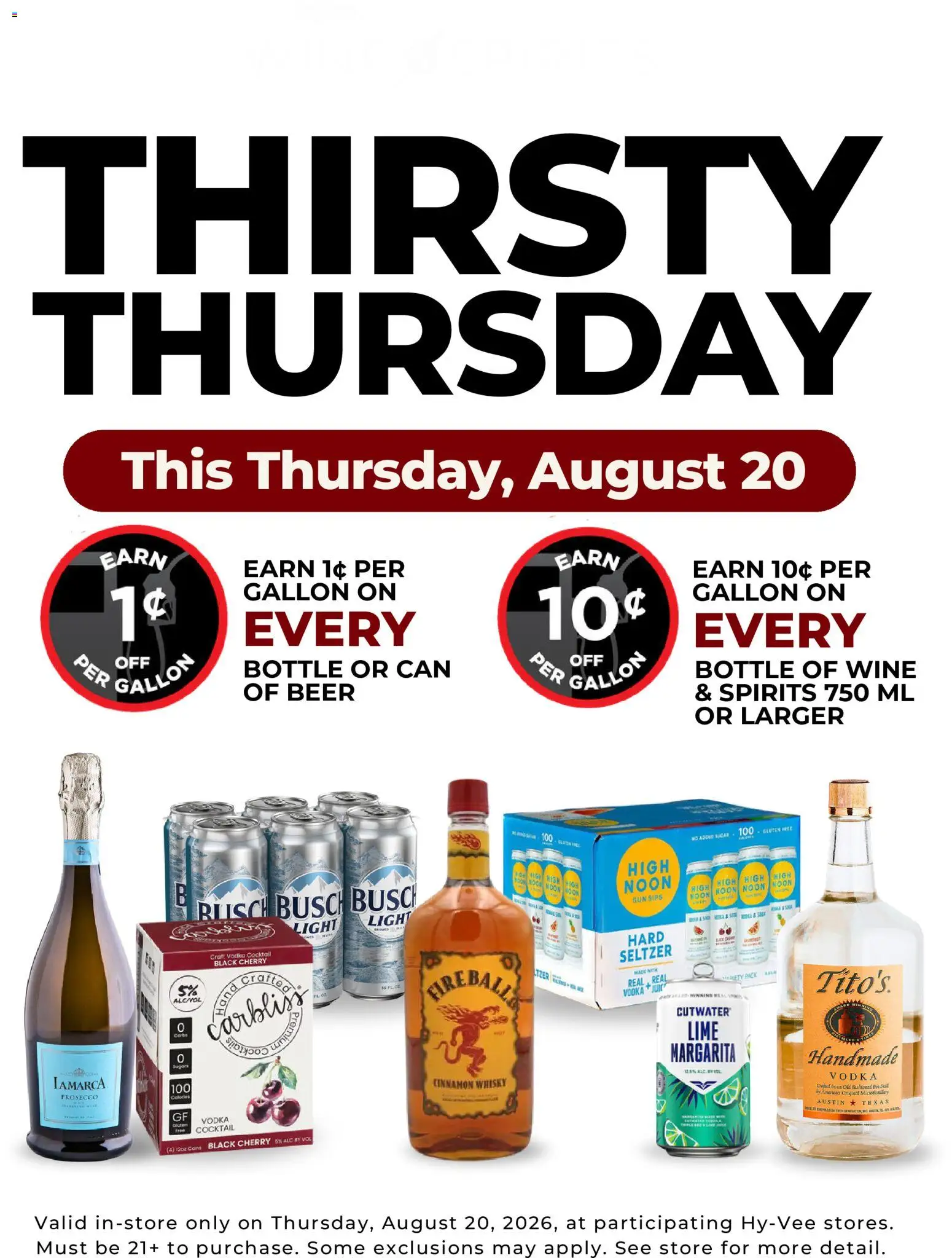 Ad Preview of HyVee HyVee Thirsty Thursday from 08/17/2026 - Beer, Wine, Prosecco, Vodka, Lime