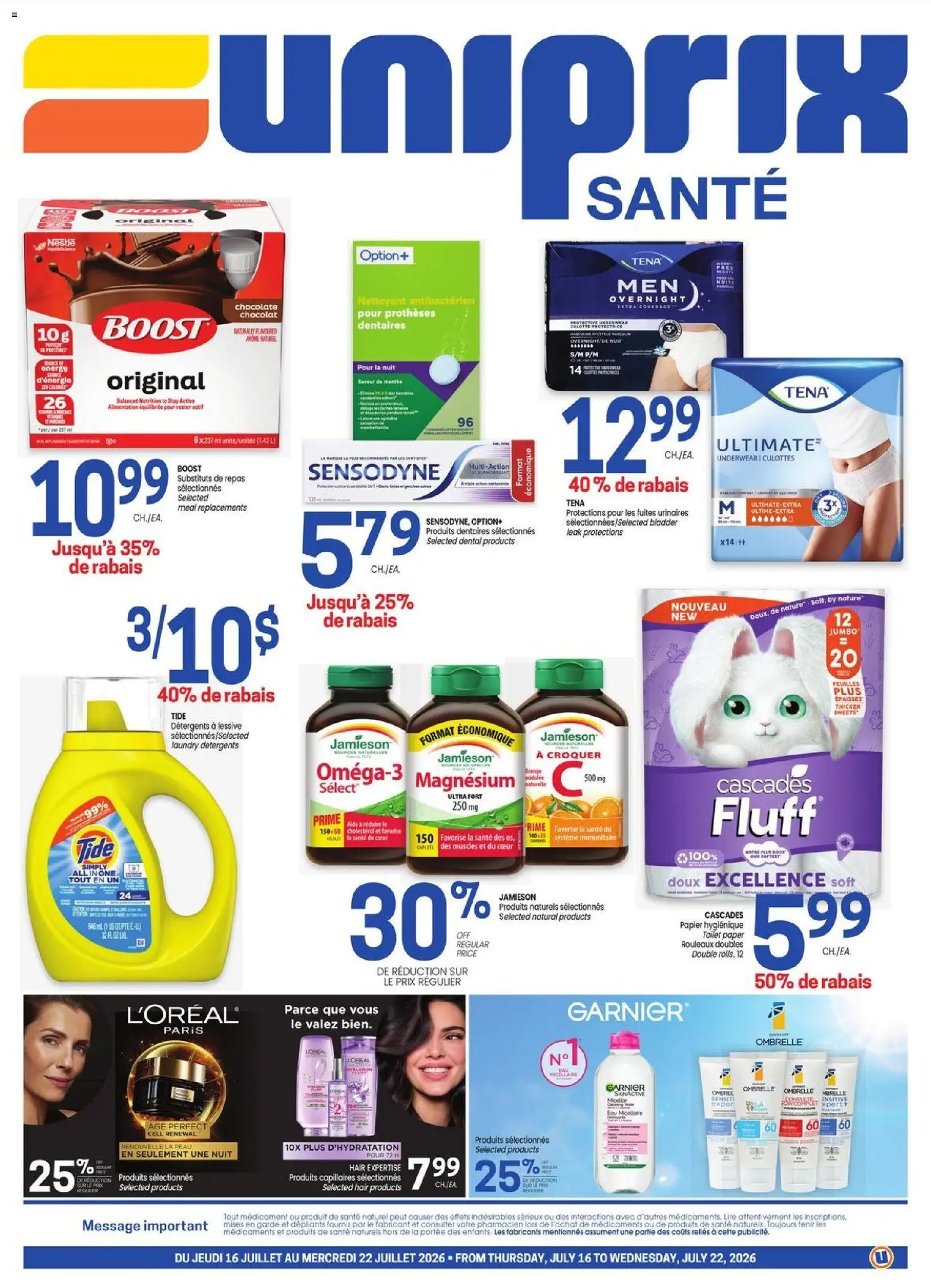 Preview of leaflet Uniprix - Uniprix Sante from shop Uniprix is valid from Jul 16, 2026 - Chocolate, Toilet paper, Underwear