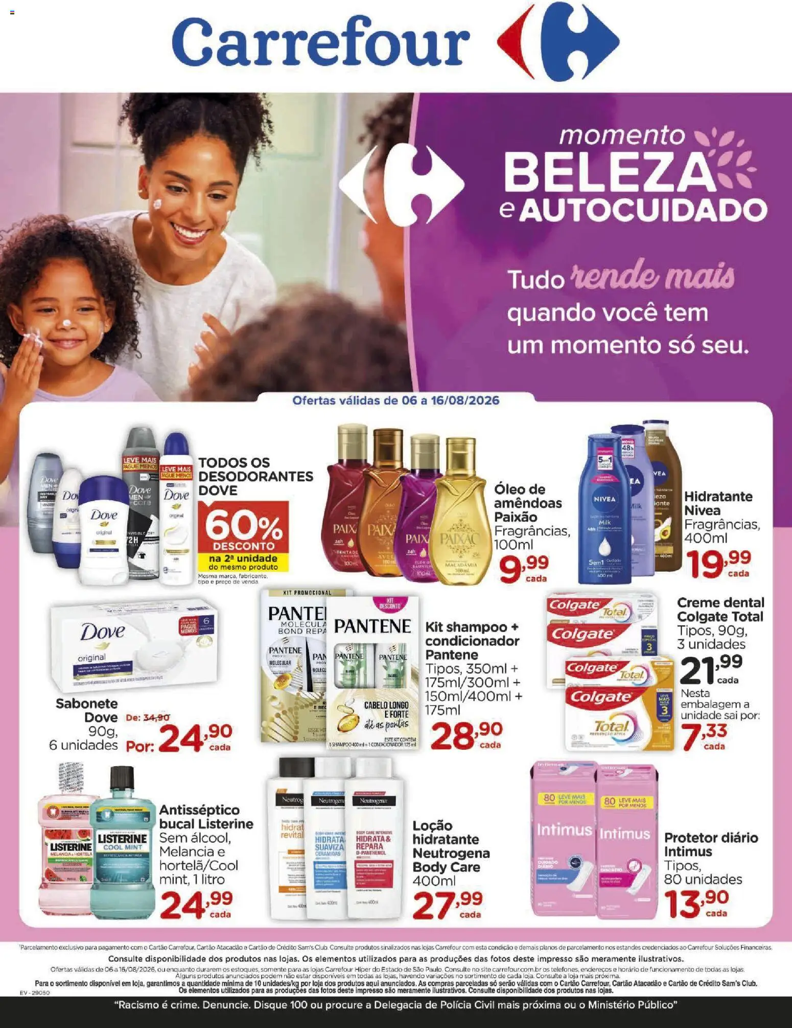 Pré-Visualização do folheto "Carrefour ofertas Beleza" da loja Carrefour válido a partir de 06/08/2026 - Shampoo, Body, Álcool, Sabonete, Creme, Condicionador, Listerine, Amêndoas