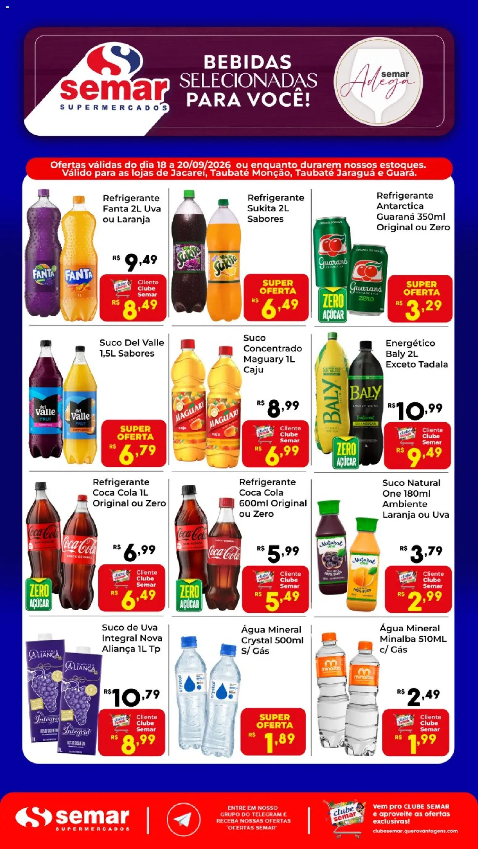 Pré-Visualização do folheto "Semar Supermercado ofertas Bebidas" da loja Semar Supermercado válido a partir de 18/09/2026 - Caju, Bebidas, Açúcar, Refrigerante, Energético, Guaraná, Água mineral, Fanta