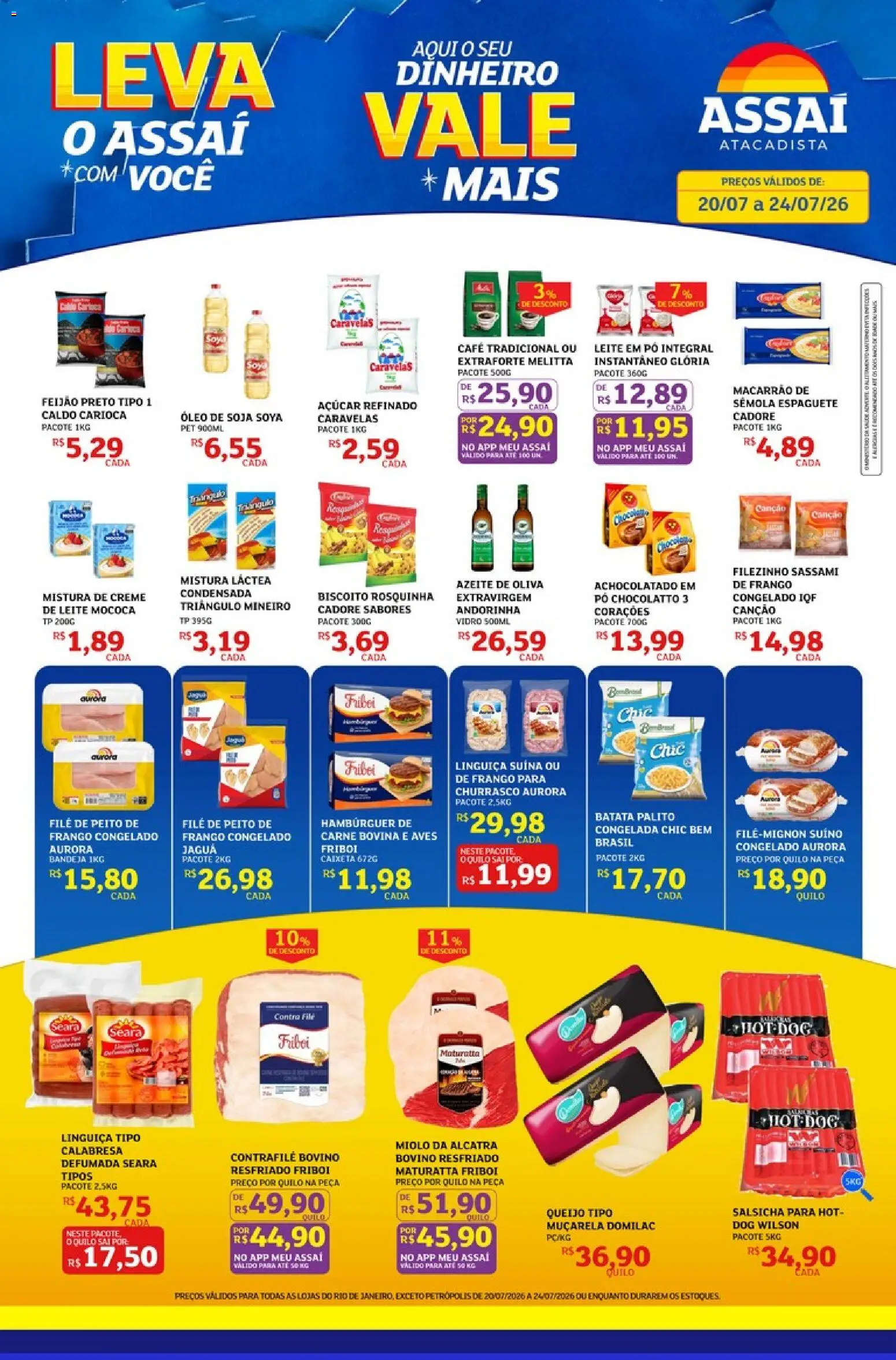 Pré-Visualização do folheto "Assaí Atacadista ofertas - RJ" da loja Assaí Atacadista válido a partir de 20/07/2026 - Hambúrguer, Óleo, Carne, Frango, Açúcar, Linguiça, Alcatra, Muçarela