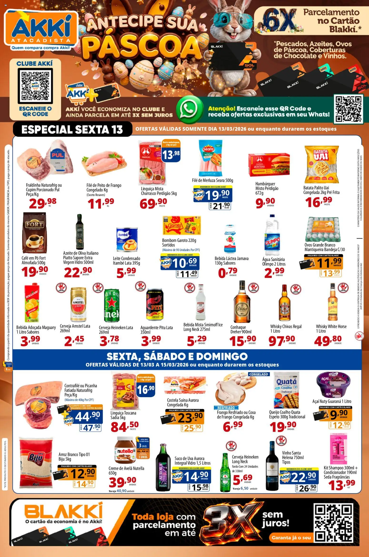 Pré-Visualização do folheto "Akki Atacadista - Ofertas da semana" da loja Akki Atacadista válido a partir de 13/03/2026 - Hambúrguer, Vinho, Leite condensado, Sal, Bebida, Fraldinha, Linguiça, Guaraná