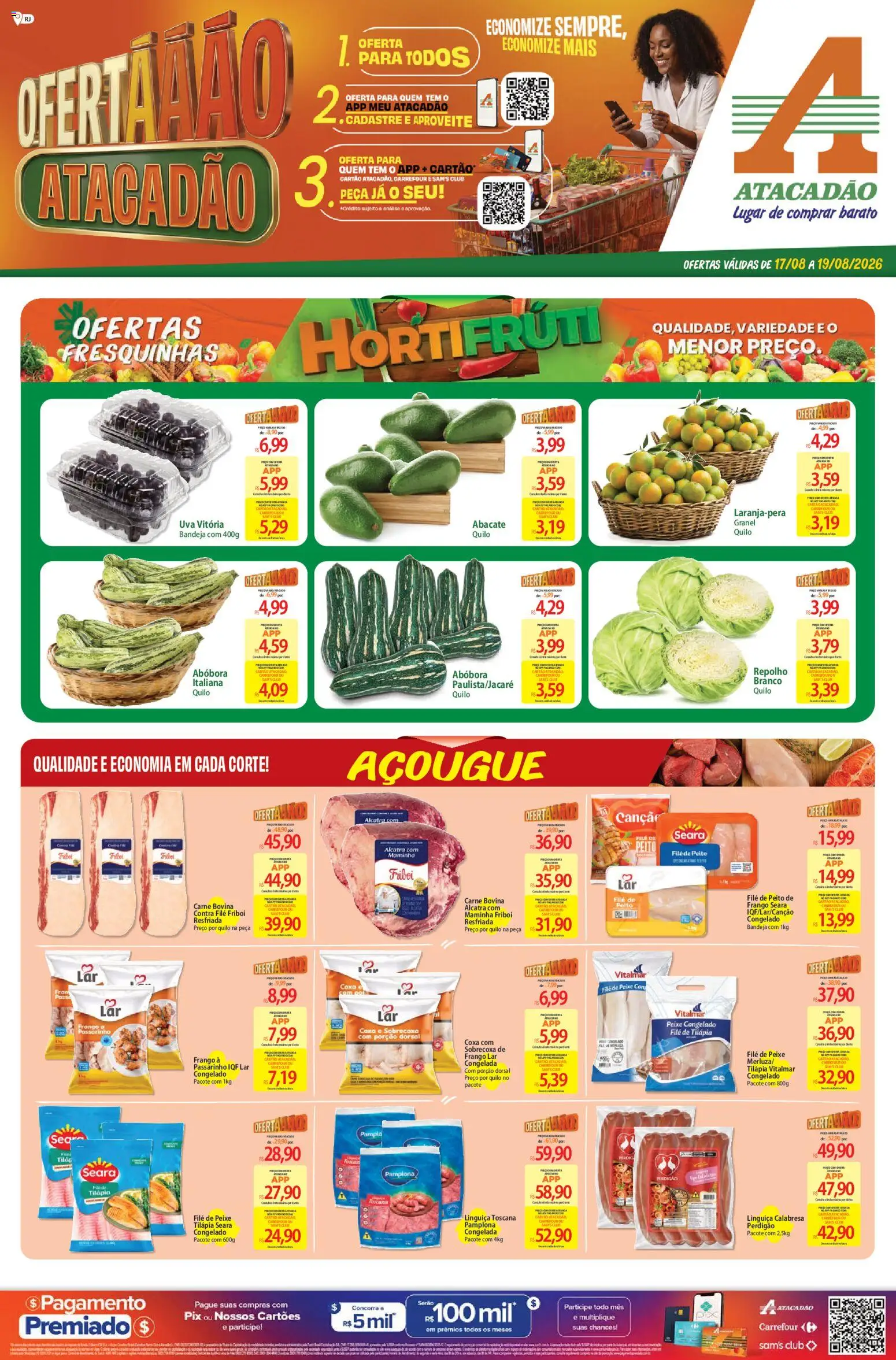 Pré-Visualização do folheto "Atacadão ofertas - RJ" da loja Atacadão válido a partir de 17/08/2026 - Uva, Alcatra, Bandeja, Filé de tilápia, Carne bovina, Maminha, Contra filé, Filé de peixe