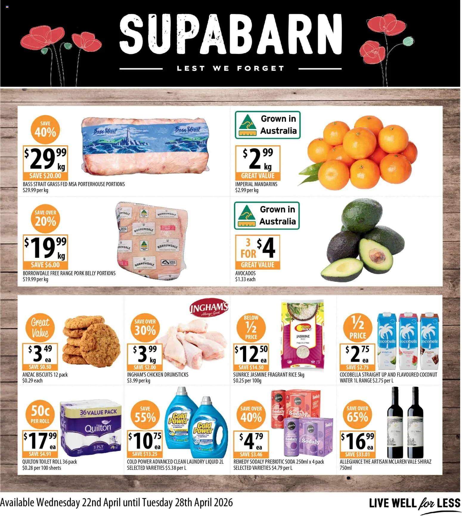 Preview of catalogue Supabarn catalogue from shop Supabarn valid 22/04/2026 - Toilet, Grass, Chicken, Pork, Rice, Biscuits, Water, Drumsticks