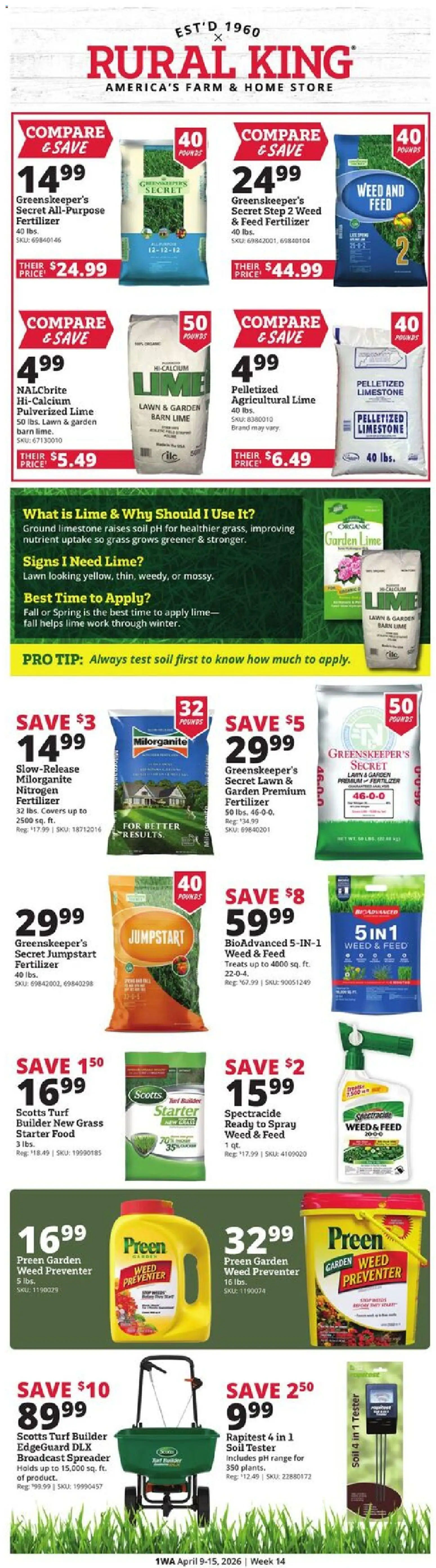 Ad Preview of Rural King Rural King Weekly Ad from 04/09/2026 - Lime, Fertilizer, Soil, Starter