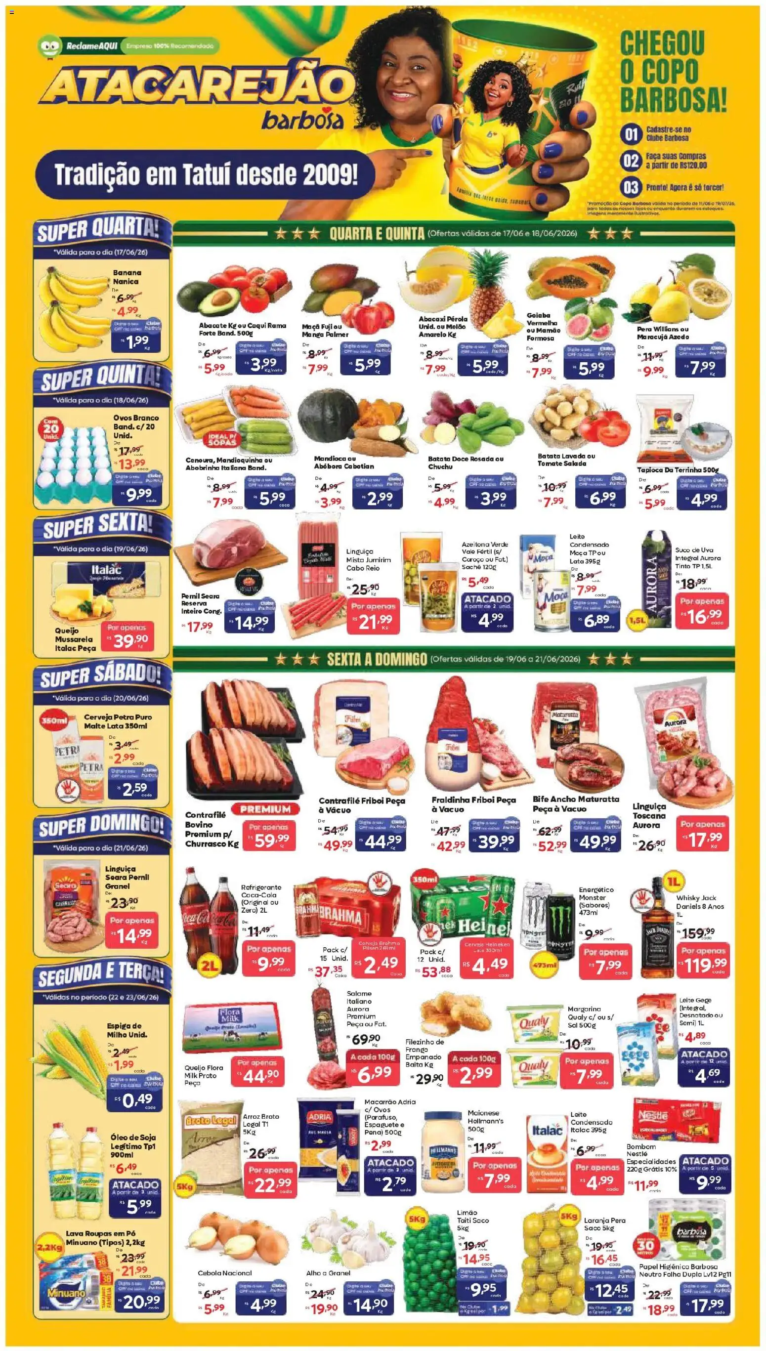Pré-Visualização do folheto "Barbosa Supermercados ofertas Atacarejão" da loja Barbosa Supermercados válido a partir de 17/06/2026 - Macarrão, Pera, Suco, Refrigerante, Milho, Papel higiênico, Pernil, Faca