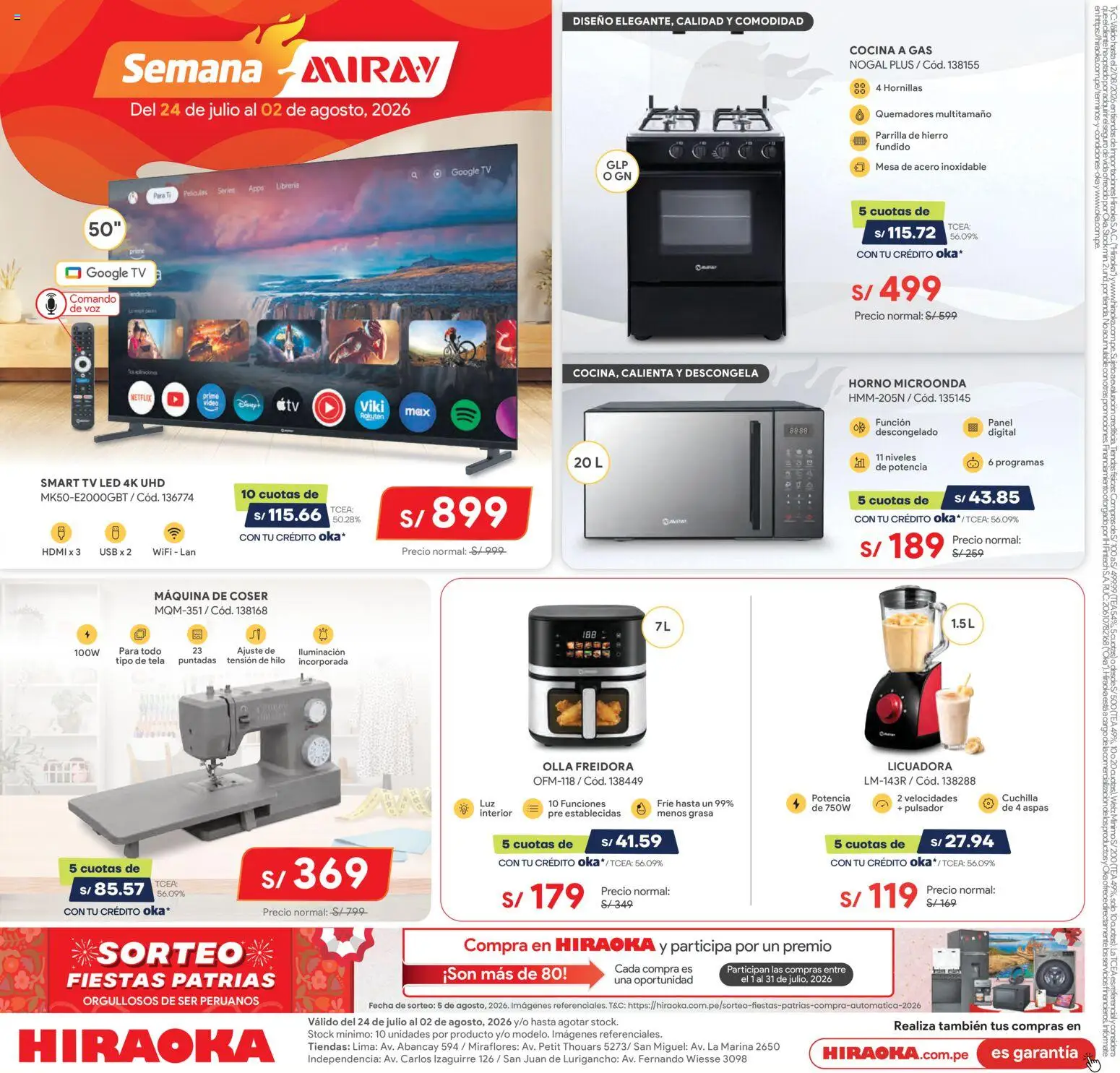 Vista previa de Catálogo Hiraoka - Semana Miray de la tienda Hiraoka válido desde 24/07/2026 - Video, Lima, Cocina, Parrilla, Mesa, Licuadora, Máquina de coser, Iluminación