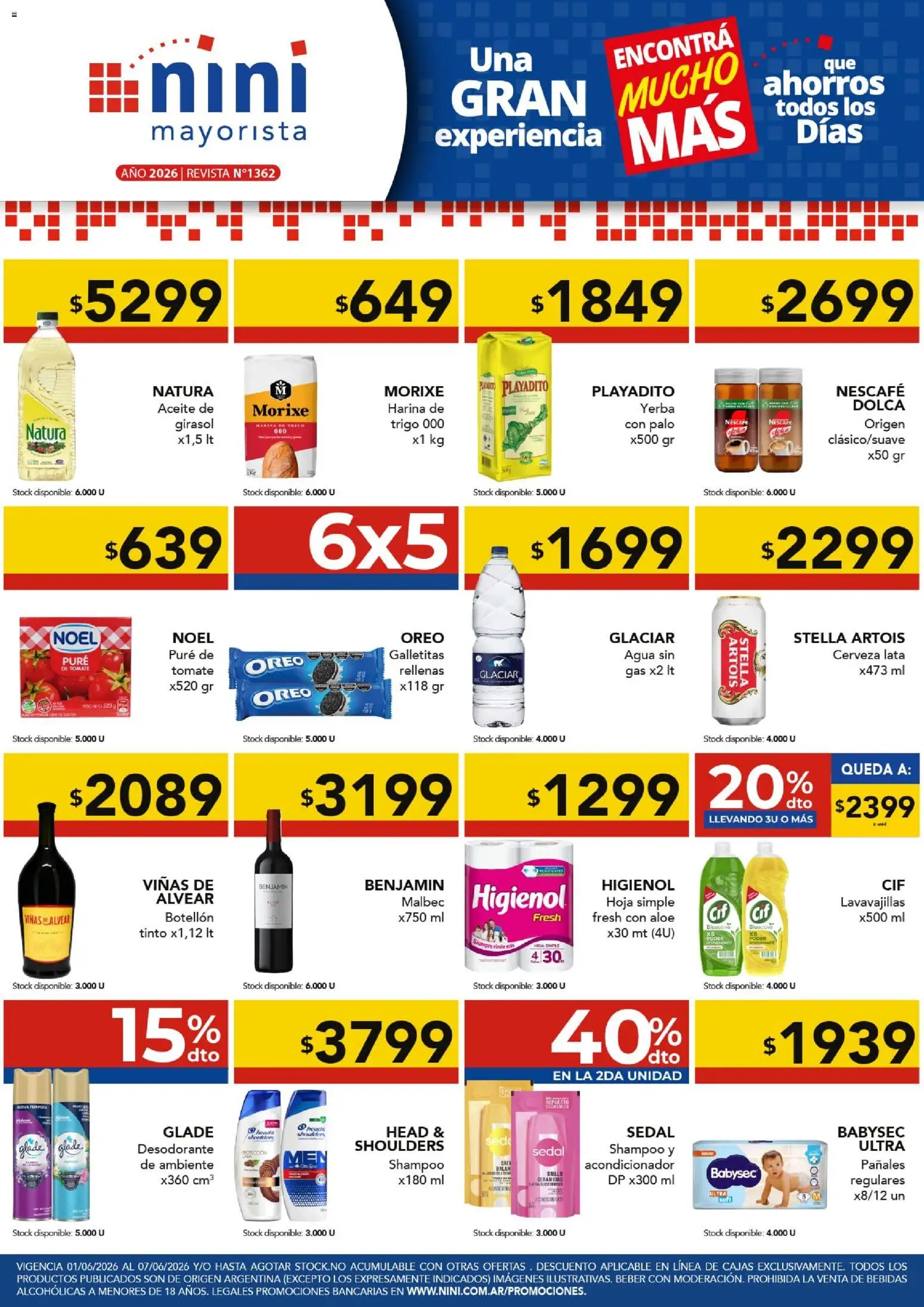 Vista previa del folleto de la tienda NINI Mayorista válido desde el 01/06/2026 - Cerveza, Aceite, Oreo, Harina, Revista, Desodorante, Acondicionador, Puré
