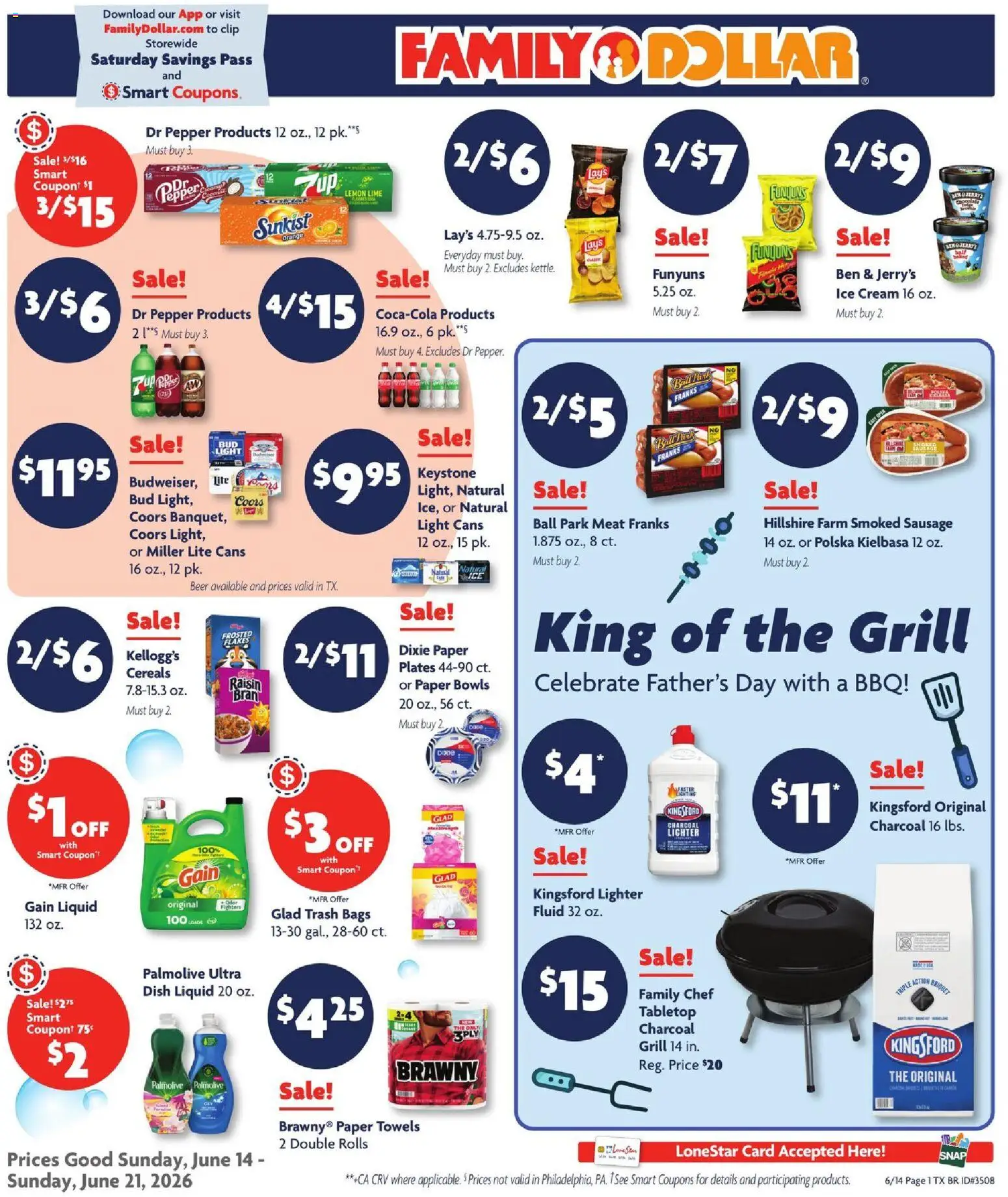 Ad Preview of Family Dollar Family Dollar Ad from 06/14/2026 - Beer, Ice, Grill, Cereals, Meat, Lemon, Charcoal, Lime