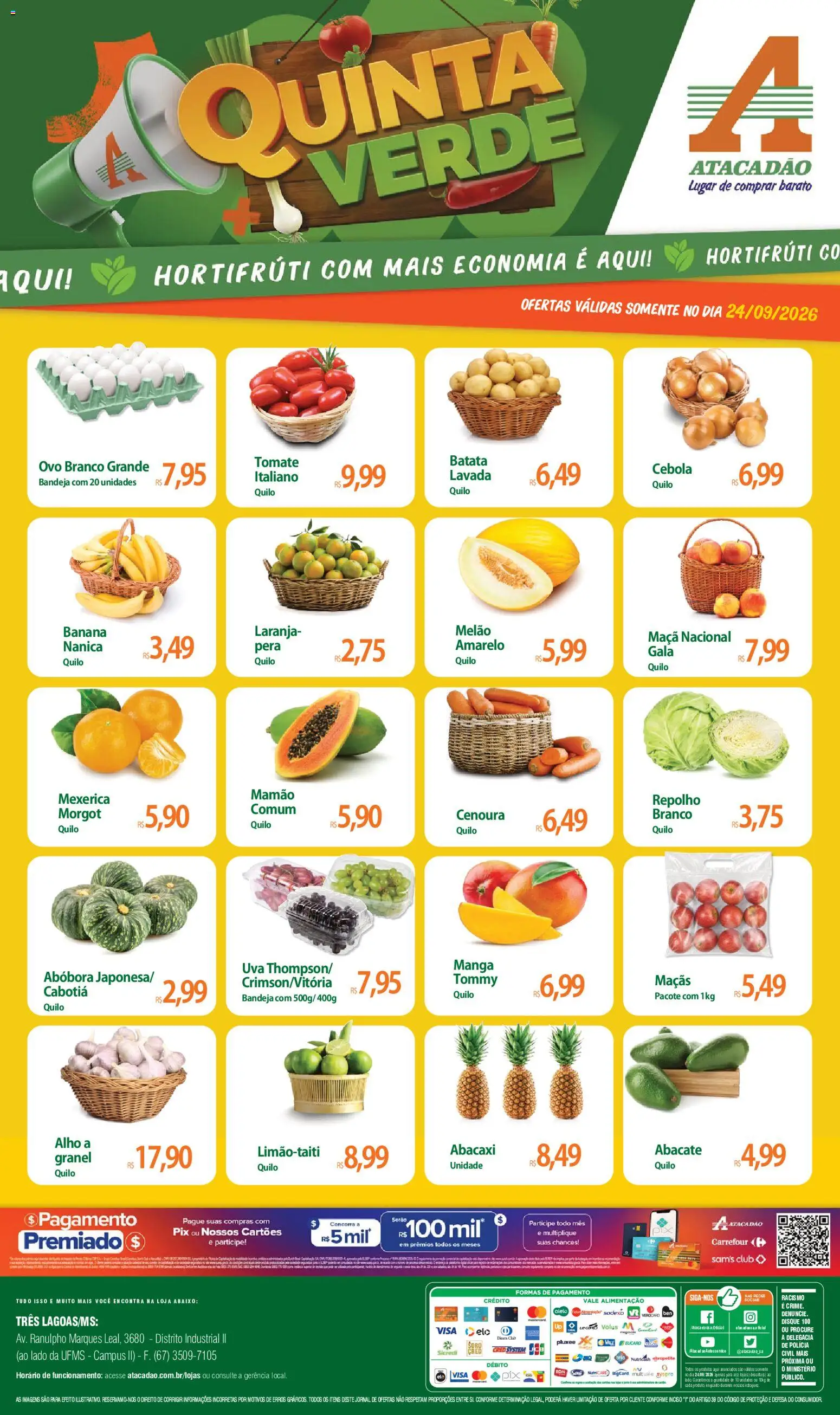 Pré-Visualização do folheto "Atacadão ofertas - MS" da loja Atacadão válido a partir de 24/09/2026 - Manga, Uva, Maçãs, Abacaxi, Tomate, Gelo, Mexerica, Cebola