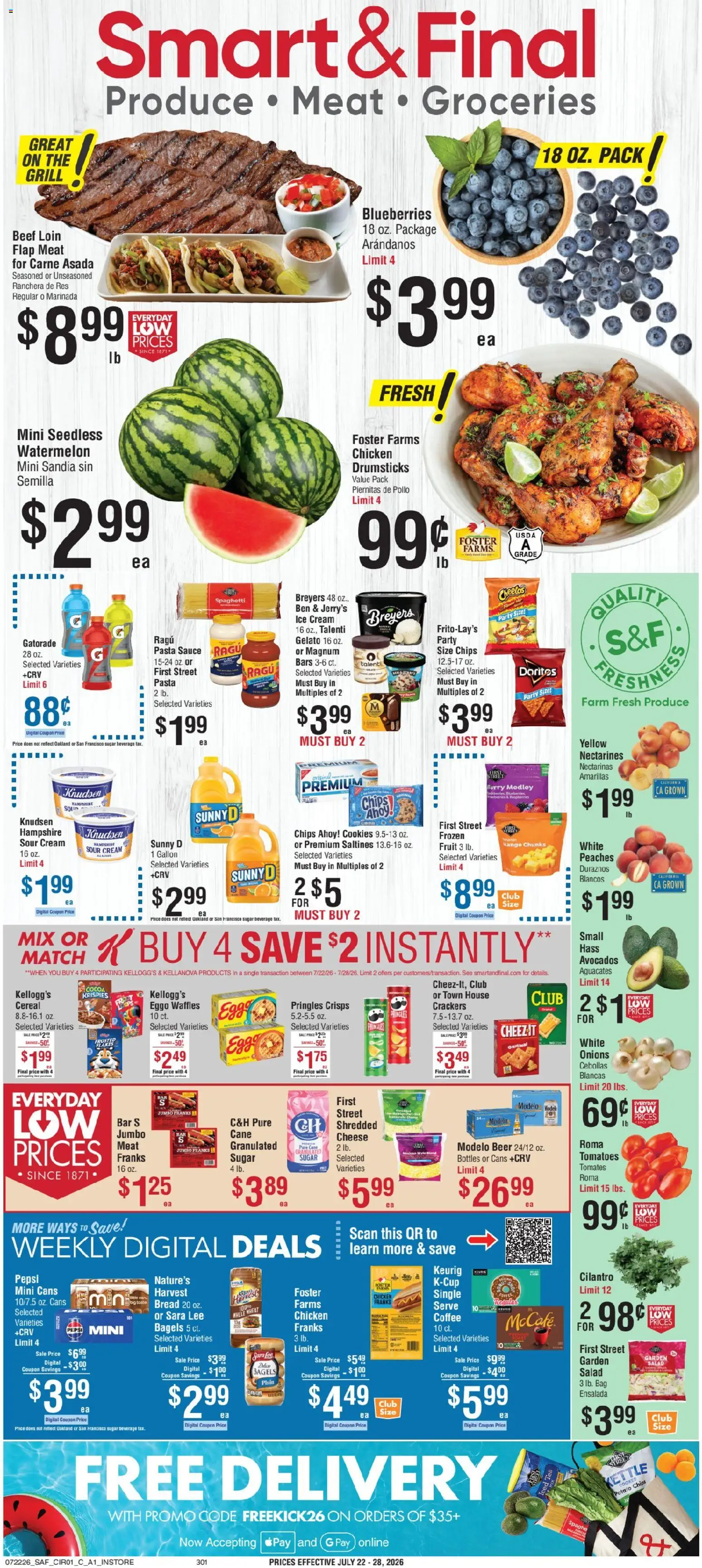 Ad Preview of Smart & Final Smart & Final Weekly Ad from 07/22/2026 - Pasta, Grill, Cheese, Pepsi, Raspberries, Cream, Sour cream, Sauce