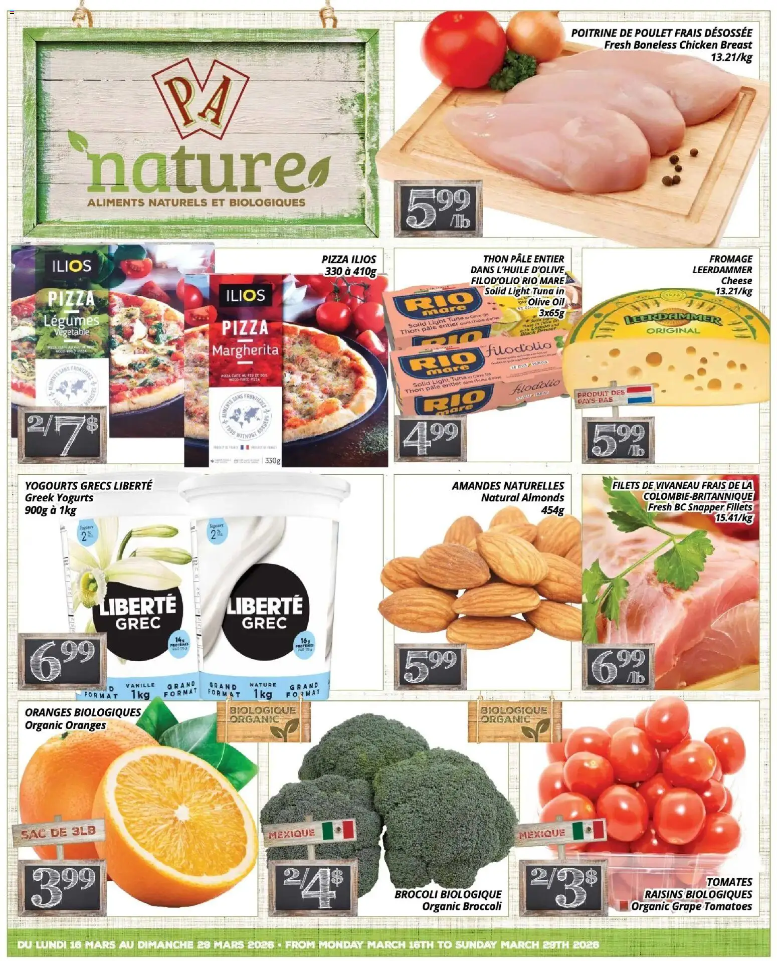 Preview of leaflet Pa Supermarché - nature Flyer from shop Pa Supermarché is valid from Mar 16, 2026 - Pizza, Oranges, Broccoli, Oil, Tuna, Raisins, Chicken breast, Hare