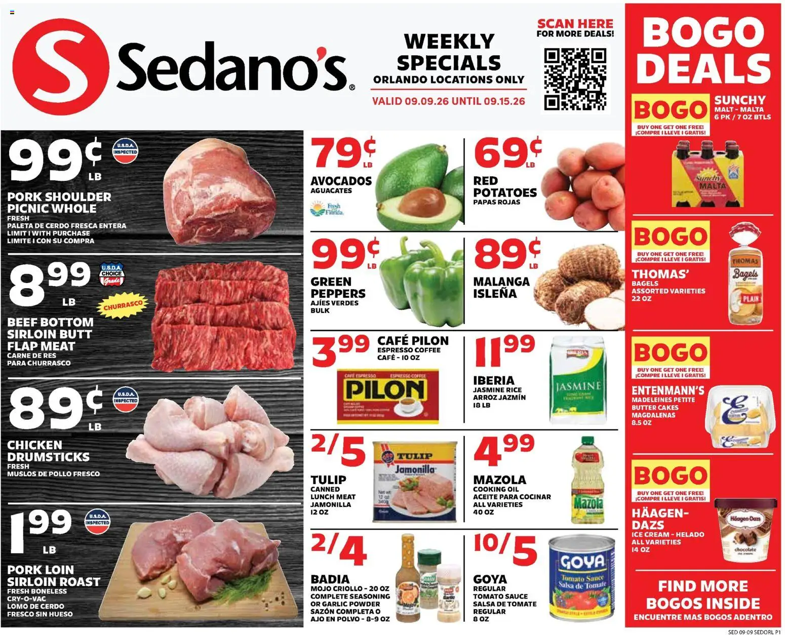Ad Preview of Sedano's Sedano's Weekly Ad from 09/09/2026 - Ice cream, Potatoes, Meat, Peppers, Beef, Pork, Pork loin, Madeleines