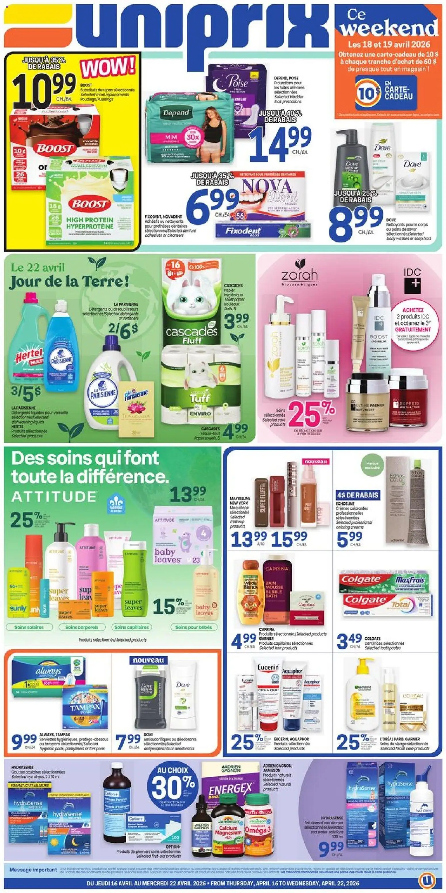 Preview of leaflet Uniprix weekly flyer / circulaire from shop Uniprix is valid from Apr 16, 2026 - Protein, Tampons, Soap, Bath