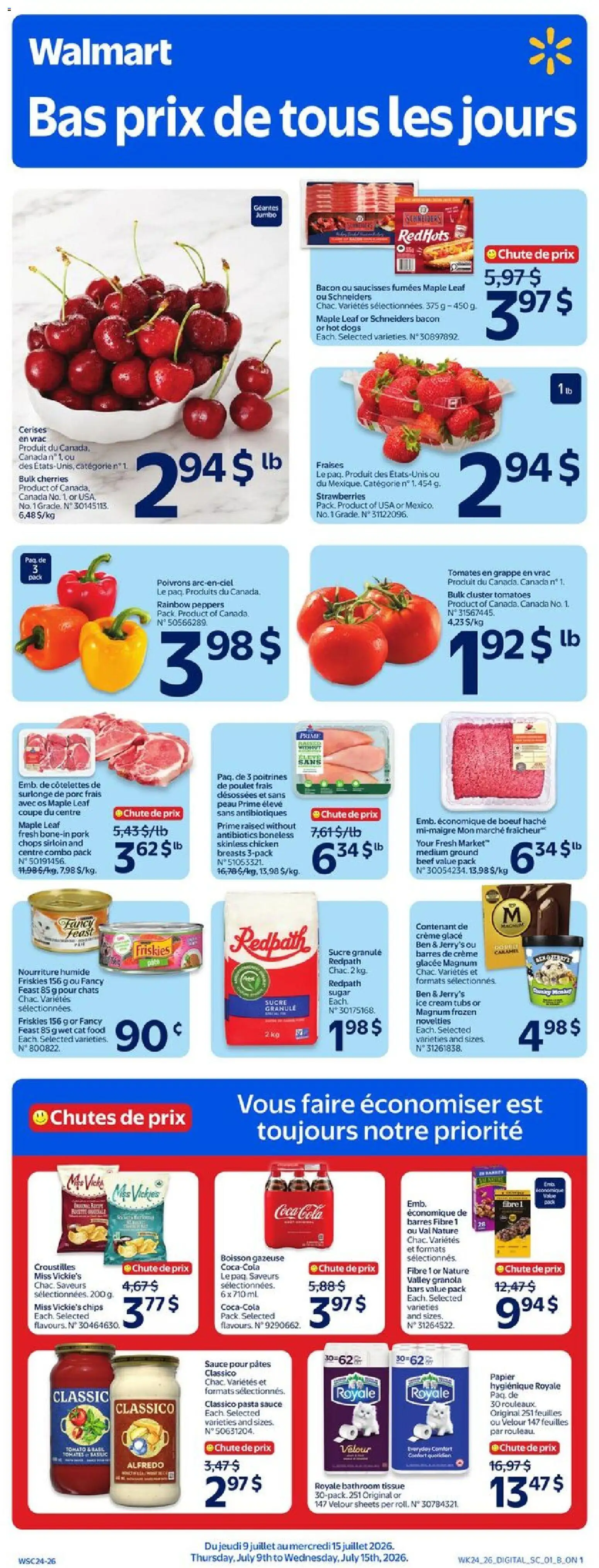 Preview of leaflet Walmart circulaire from shop Walmart is valid from Jul 09, 2026 - Ice cream, Chicken, Tomato, Tomatoes, Sugar, Pork, Magnum, Ben & Jerry’s ice cream