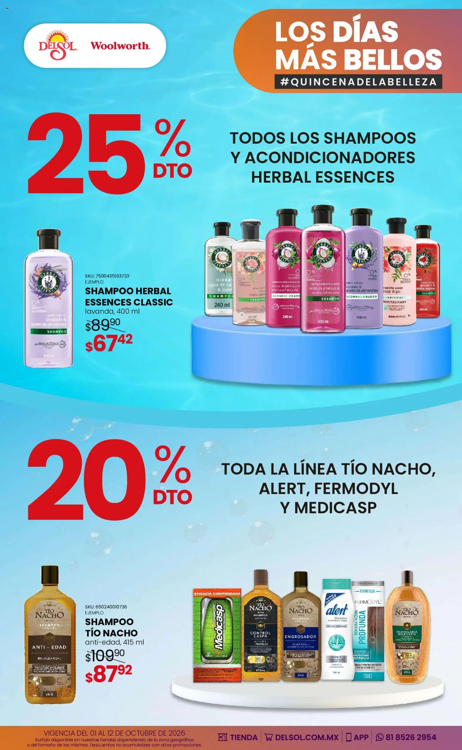 Vista previa las ofertas de la tienda Del Sol y Woolworth - Del Sol y Woolworth catálogo Los días más bellos - Quincena Belleza desde el 01/10/2026 - Agua, Shampoo, Granada, Aceite, Almendras, Acondicionador