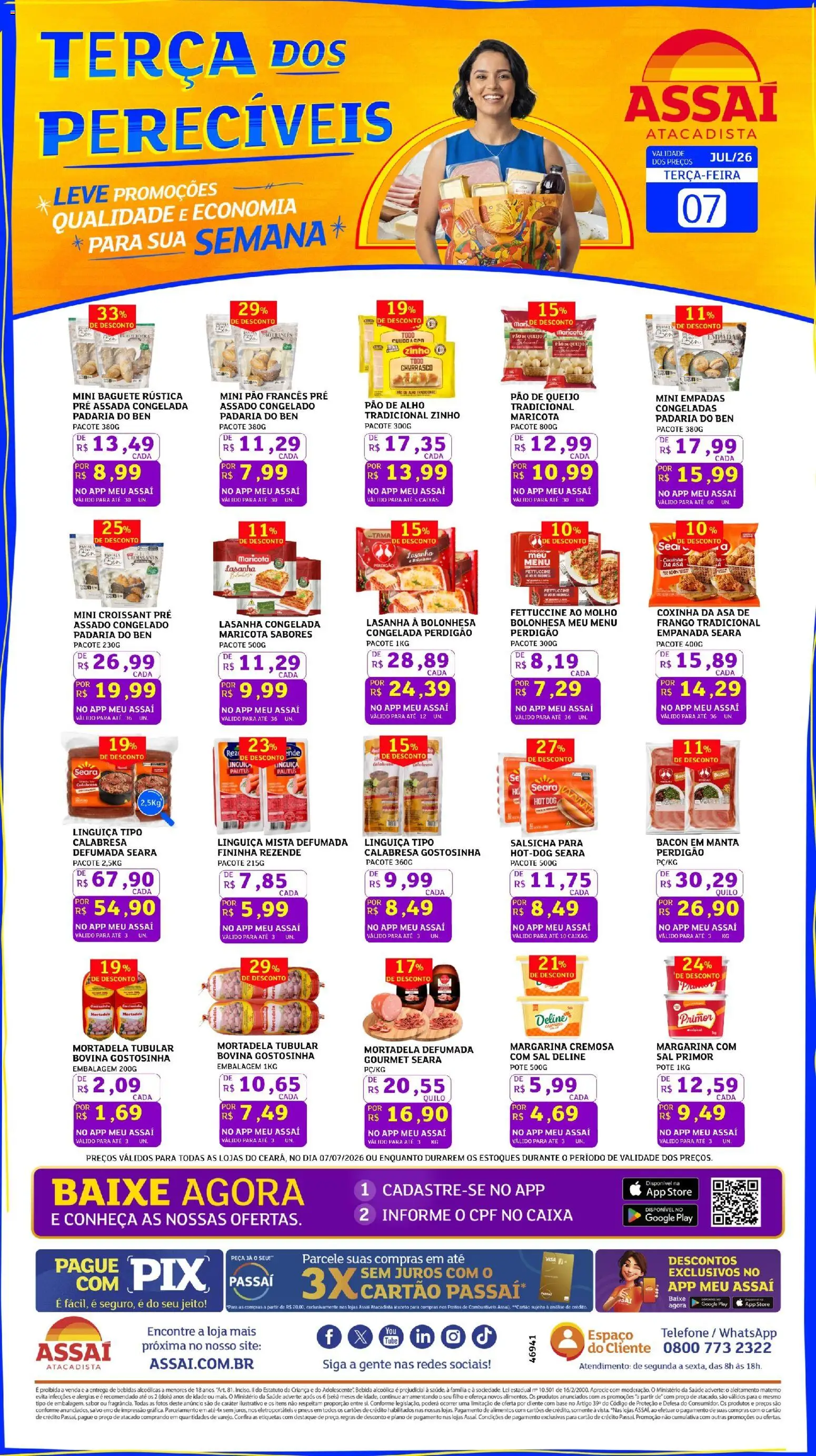 Pré-Visualização do folheto "Assaí Atacadista ofertas - CE" da loja Assaí Atacadista válido a partir de 07/07/2026 - Caixa, Telefone, Sal, Bebida, Queijo, Linguiça, Alho, Baguete