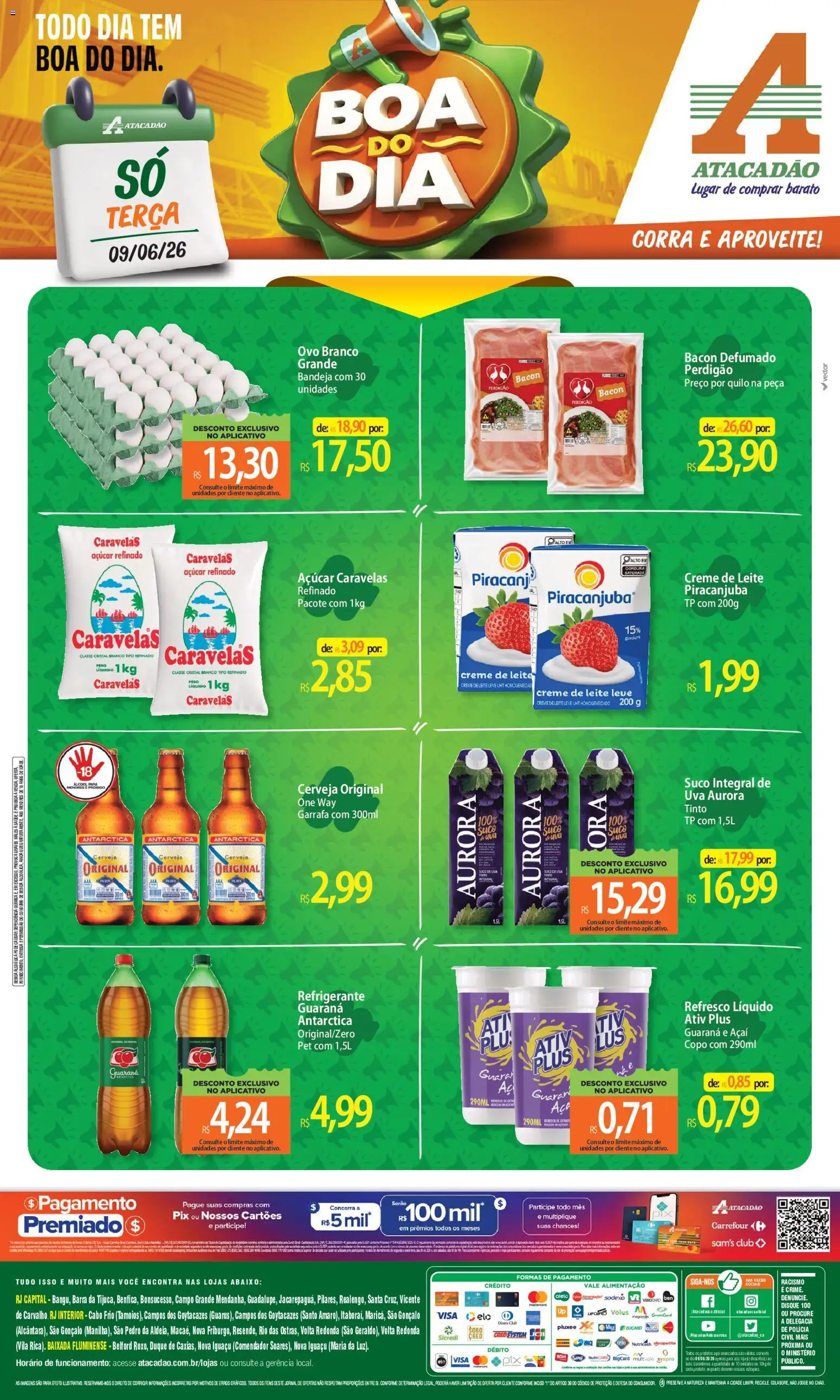 Pré-Visualização do folheto "Atacadão ofertas - RJ" da loja Atacadão válido a partir de 09/06/2026 - Álcool, Piso, Suco, Refrigerante, Creme de leite, Bacon, Bandeja, Guaraná