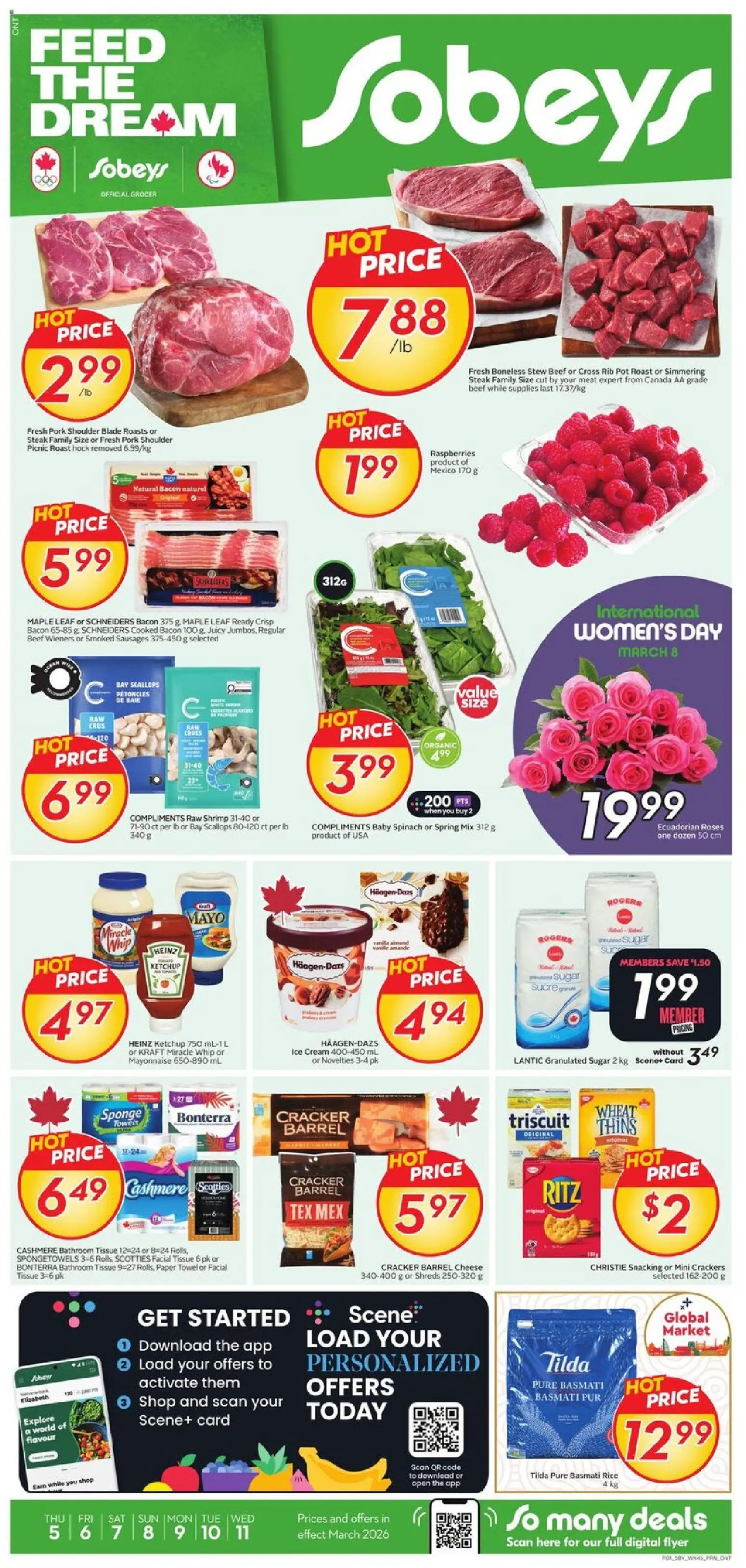 Preview of leaflet Weekly flyer / circulaire from shop Sobeys is valid from Mar 05, 2026 - Steak, Ice, Sausages, Spinach, Roast, Basmati rice, Sponge, Granulated sugar