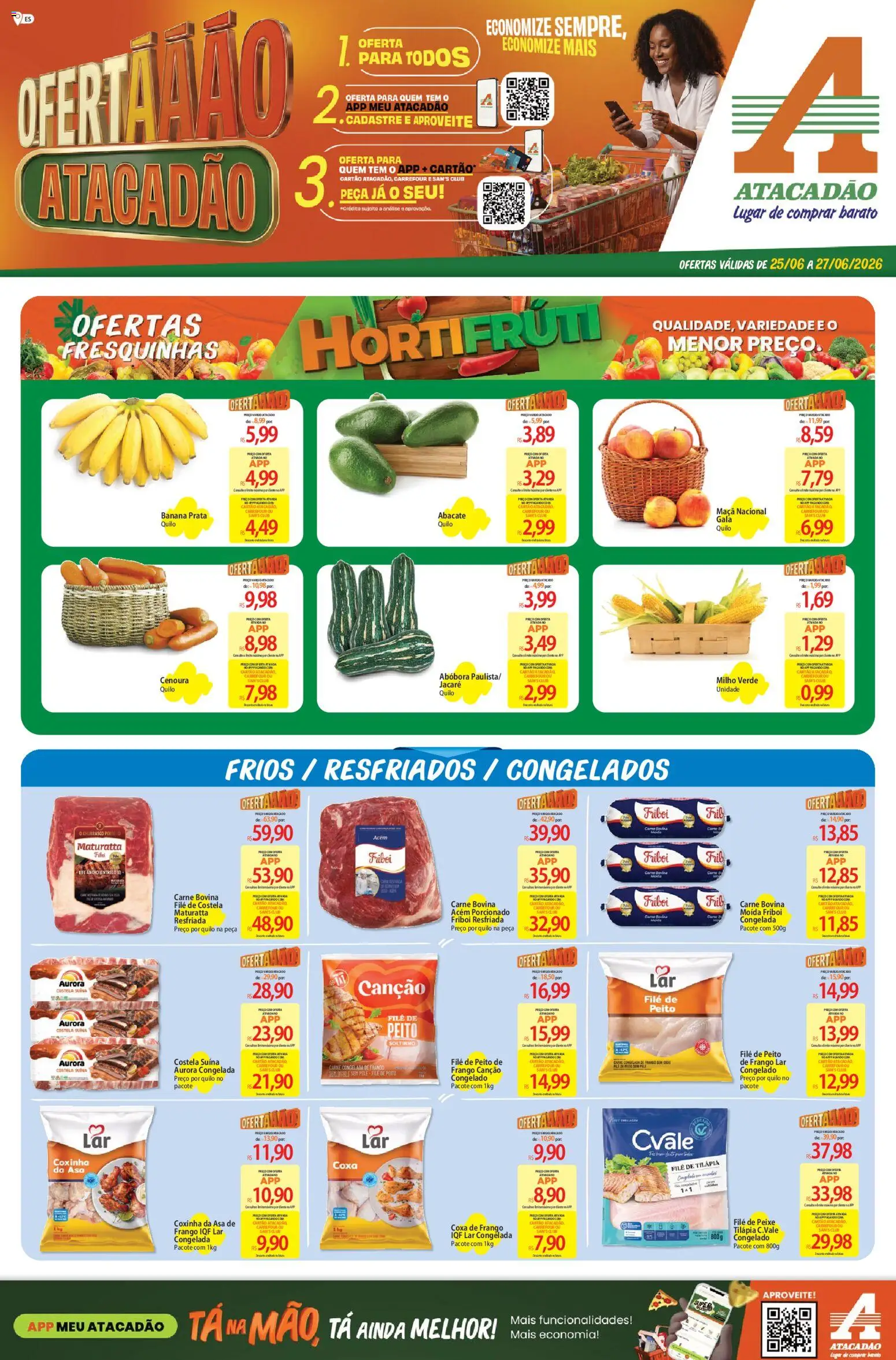 Pré-Visualização do folheto "Atacadão ofertas - ES" da loja Atacadão válido a partir de 25/06/2026 - Abóbora, Abacate, Milho, Filé de tilápia, Milho verde, Carne bovina, Filé de peixe, Filé de costela