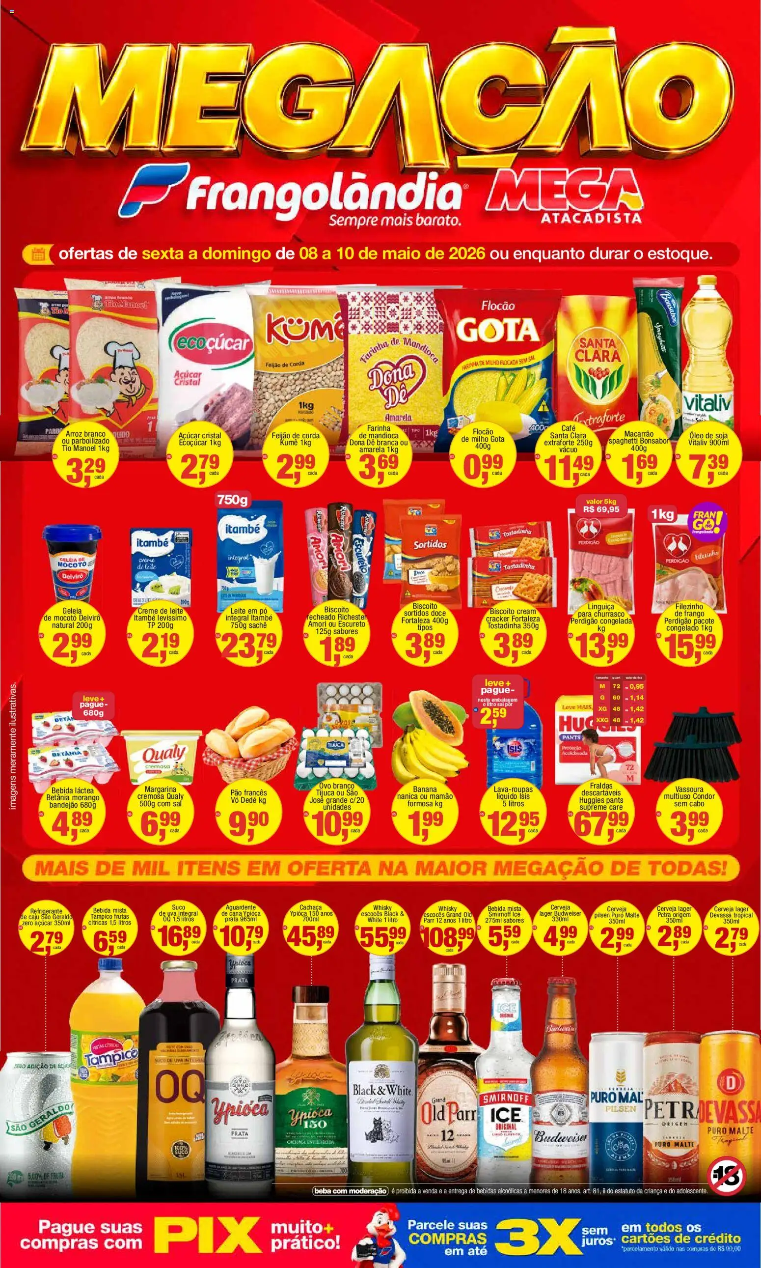 Pré-Visualização do folheto "Frangolândia - Ofertas da semana" da loja Frangolândia válido a partir de 08/05/2026 - Café, Macarrão, Feijão, Biscoito, Frango, Suco, Creme de leite, Cabo