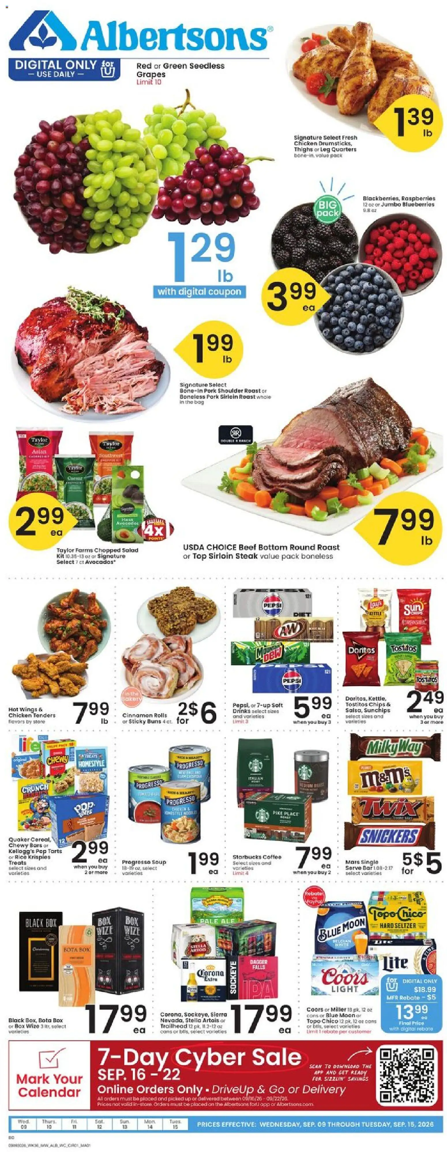 Ad Preview of Albertsons Albertsons Weekly Ad from 09/09/2026 - Coffee, Box, Avocado, Rice, Beef, Snickers, Kettle, Pork shoulder