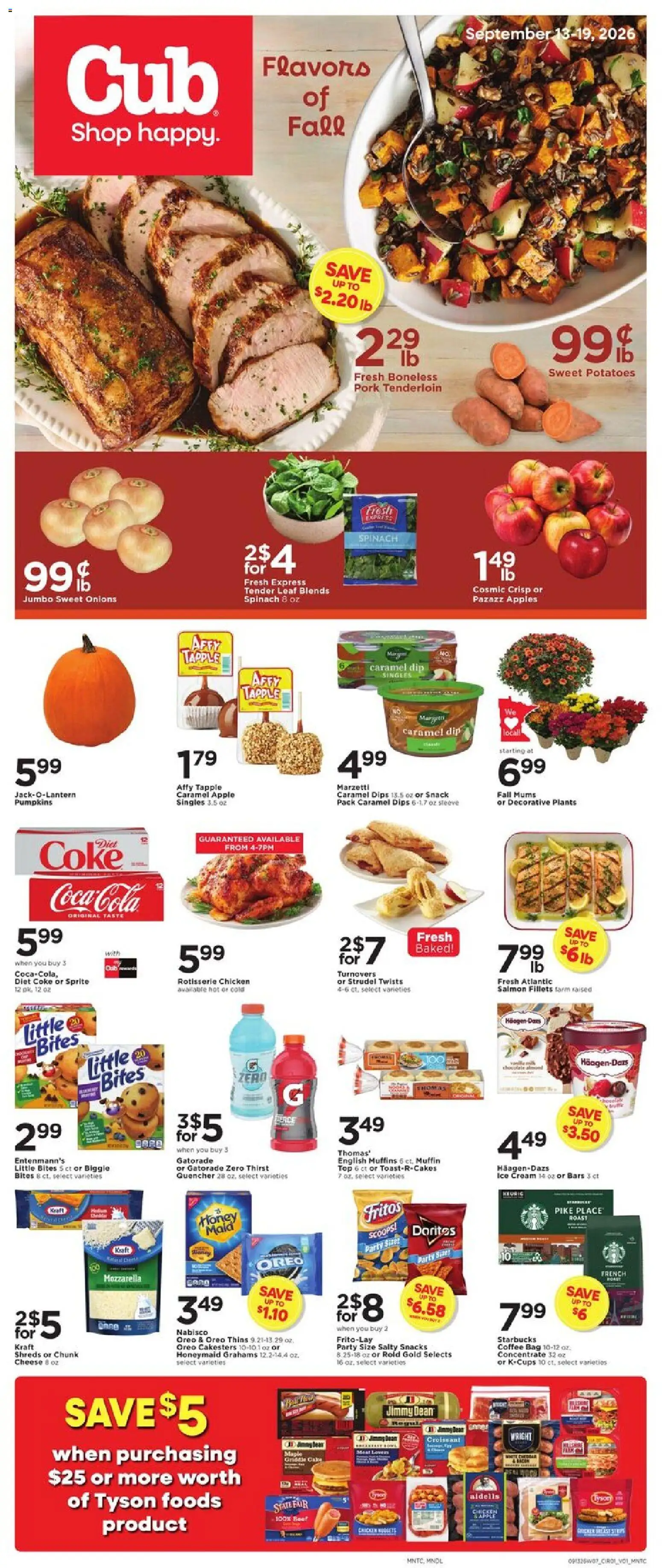 Ad Preview of Cub Foods Cub Foods Weekly Ad from 09/13/2026 - Honey, Potatoes, Salmon, Bag, Spinach, Cream, Mozzarella, Chicken