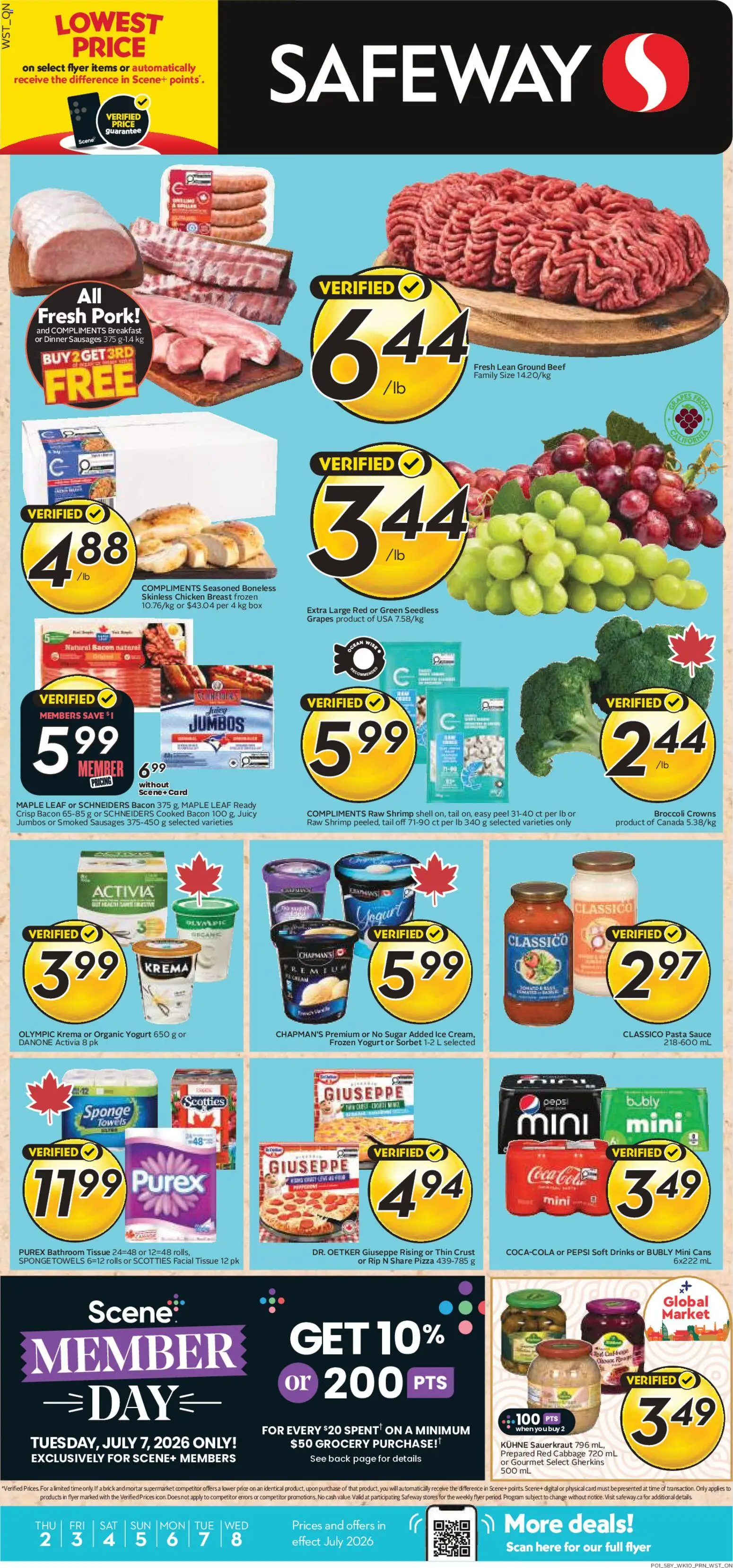 Preview of leaflet Safeway weekly flyer / circulaire from shop Safeway is valid from Jul 02, 2026 - Chicken, Drinks, Beef, Sugar, Grapes, Towels, Sponge, Seedless grapes