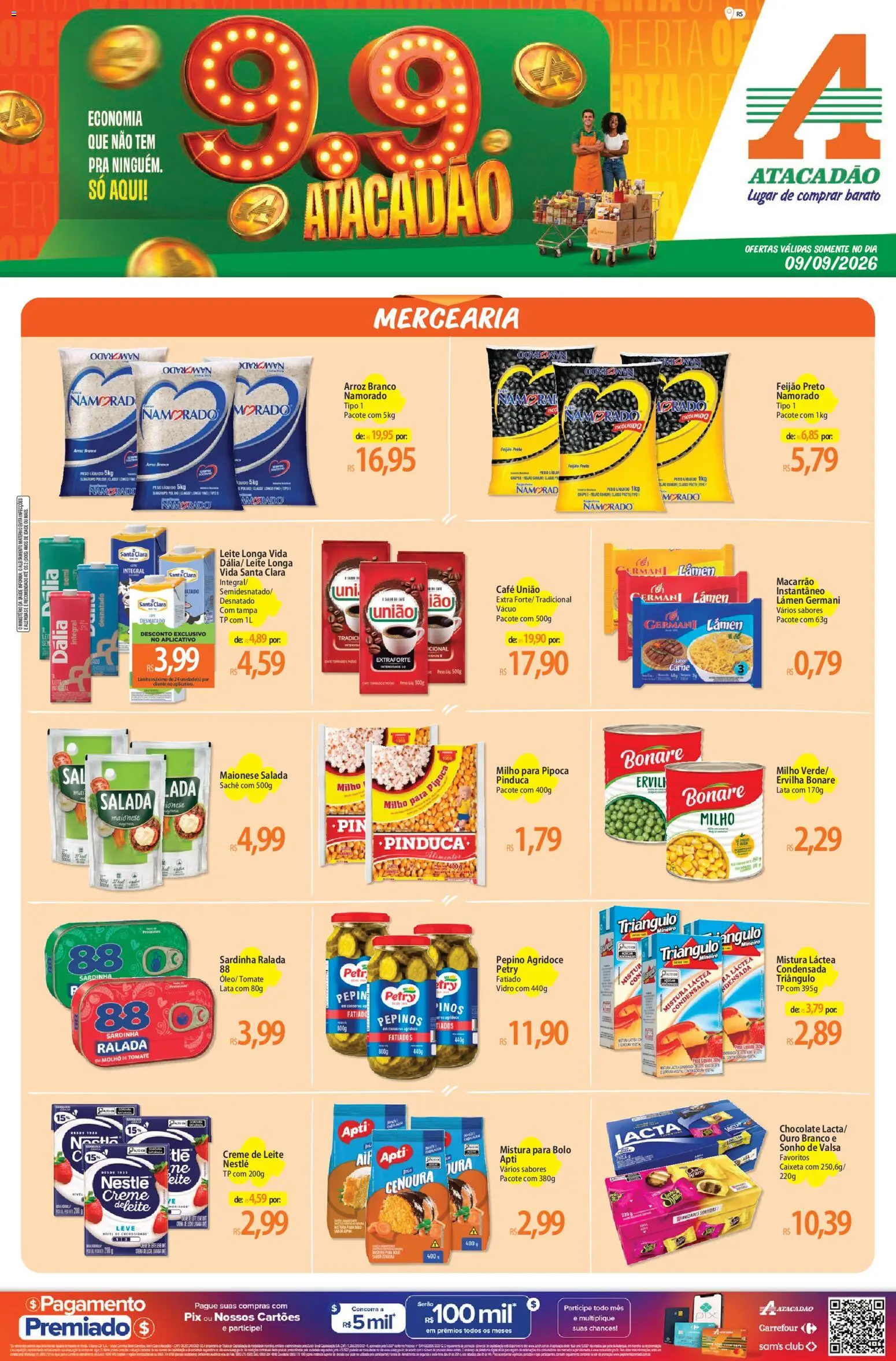 Pré-Visualização do folheto "Atacadão ofertas - RS" da loja Atacadão válido a partir de 09/09/2026 - Bolo, Arroz, Carne, Piso, Creme de leite, Milho, Sardinha, Pepinos
