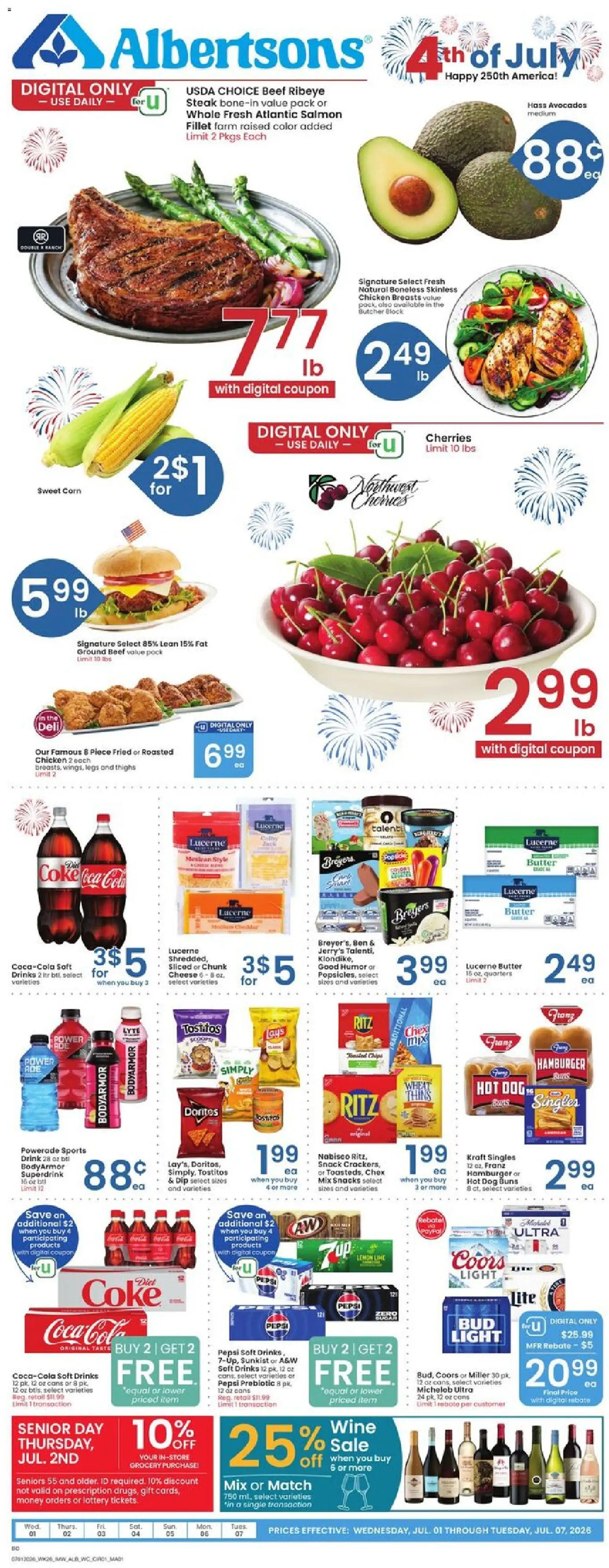 Ad Preview of Albertsons Albertsons Weekly Ad from 07/01/2026 - Steak, Wine, Salmon, Butter, Pepsi, Beef, Ground beef, Chicken breasts