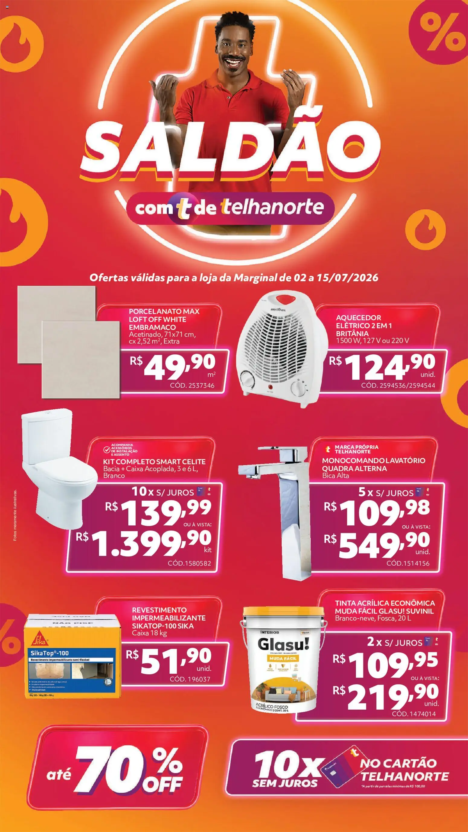 Pré-Visualização do folheto "Telhanorte - Ofertas atuais" da loja Telhanorte válido a partir de 02/07/2026 - Caixa, Porcelanato, Tinta, Impermeabilizante, Aquecedor, Lavatório