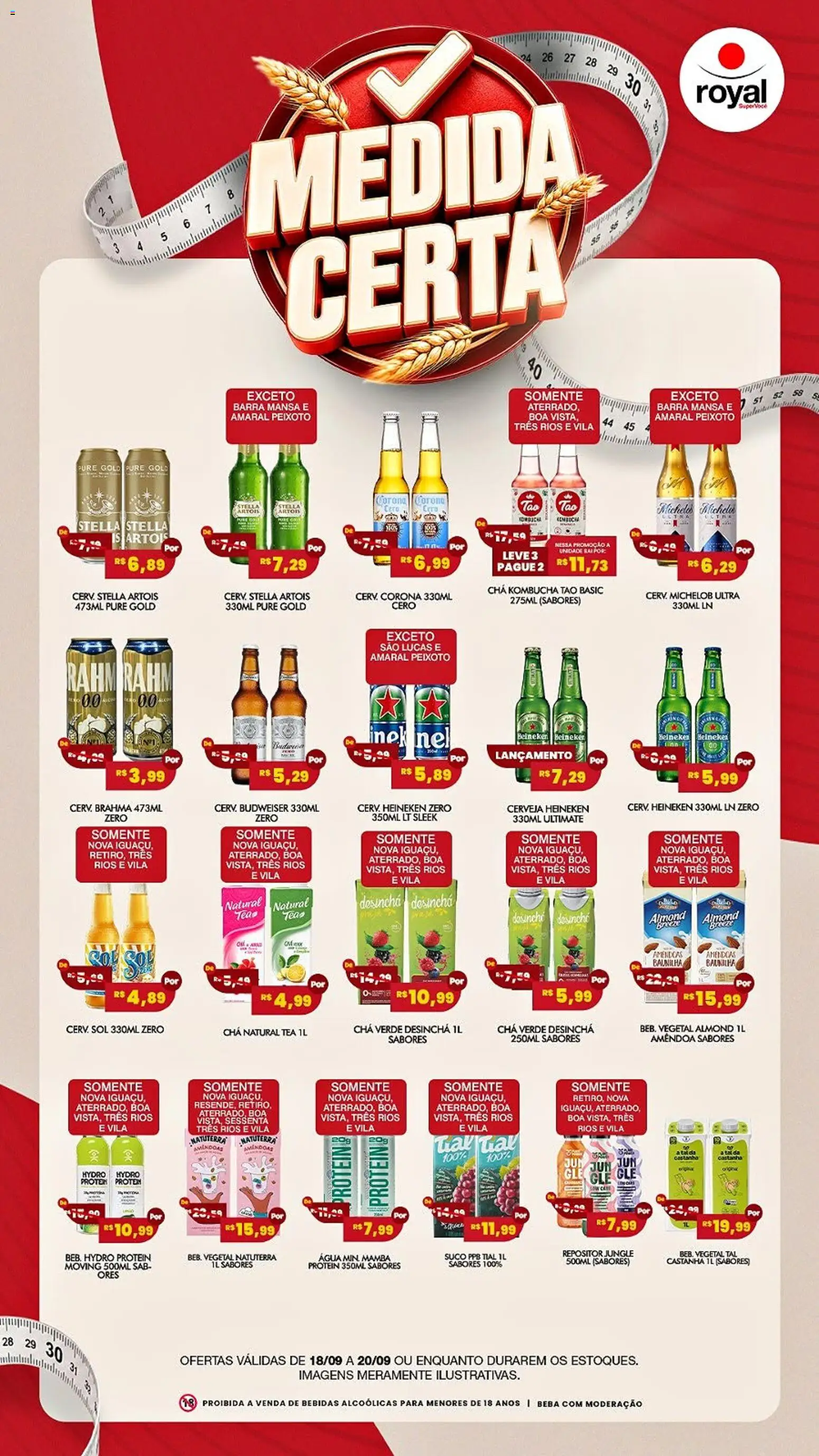 Pré-Visualização do folheto "Royal Supermercados ofertas Medida Certa" da loja Royal Supermercados válido a partir de 18/09/2026 - Água, Bebidas, Cerveja Heineken, Suco, Chá, Baunilha, Cera, Amêndoas