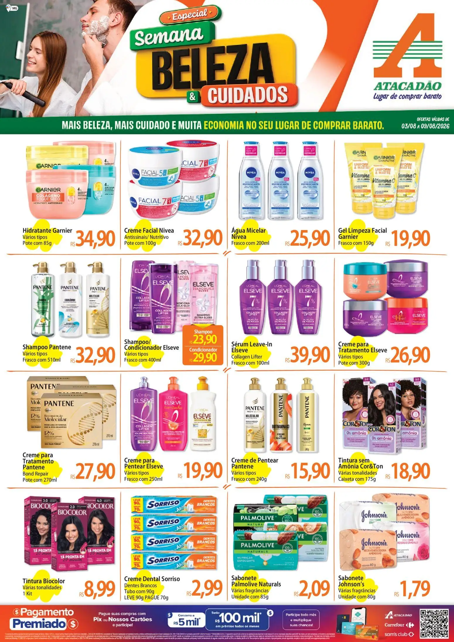 Pré-Visualização do folheto "Atacadão ofertas - MG" da loja Atacadão válido a partir de 03/08/2026 - Água, Colágeno, Sabonete, Massa, Sérum, Condicionador, Shampoo pantene, Amêndoas