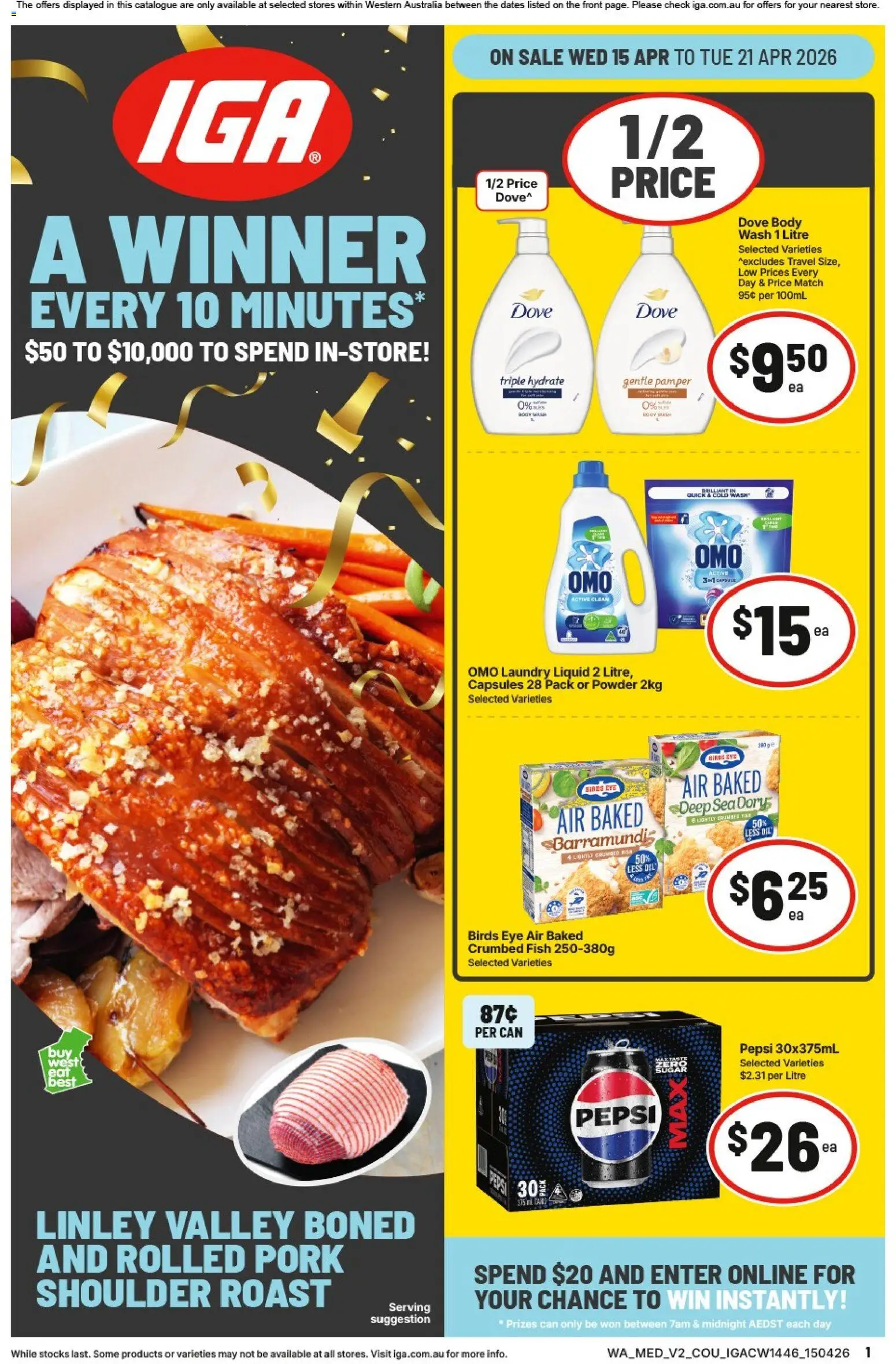 Preview of catalogue IGA catalogue NT/WA from shop IGA valid 15/04/2026 - Powder, Pork, Fish, Pepsi, Capsules, Laundry, Roast, Pork shoulder