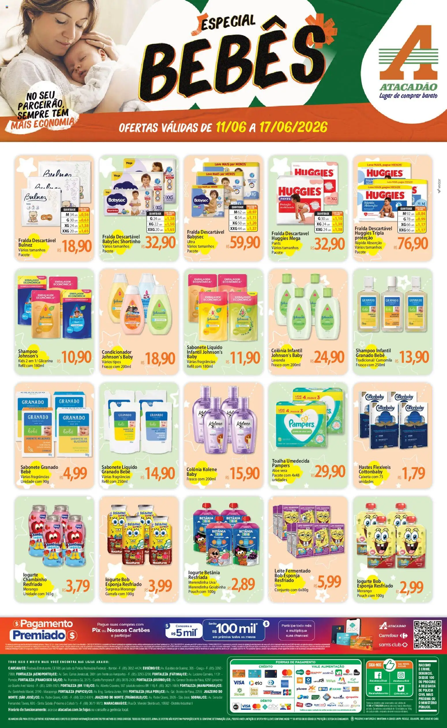 Pré-Visualização do folheto "Atacadão ofertas - CE" da loja Atacadão válido a partir de 11/06/2026 - Leite, Sabonete, Anel, Pampers, Aloe Vera, Condicionador, Esponja, Shampoo infantil