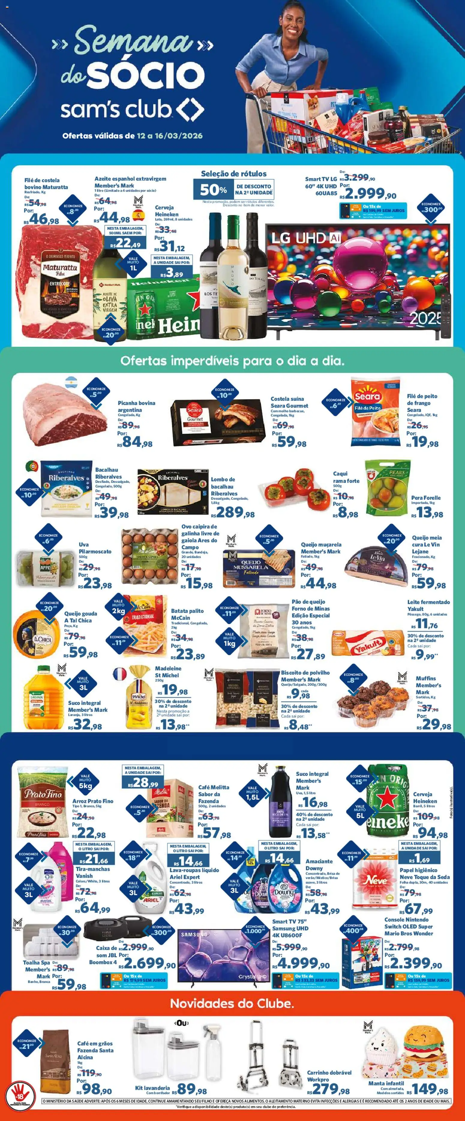 Pré-Visualização do folheto "Sam's Club ofertas Semanal" da loja Sam's Club válido a partir de 12/03/2026 - Tv, Picanha, Queijo, Carrinho, Frango, Queijo muçarela, Leite fermentado, Filé de costela