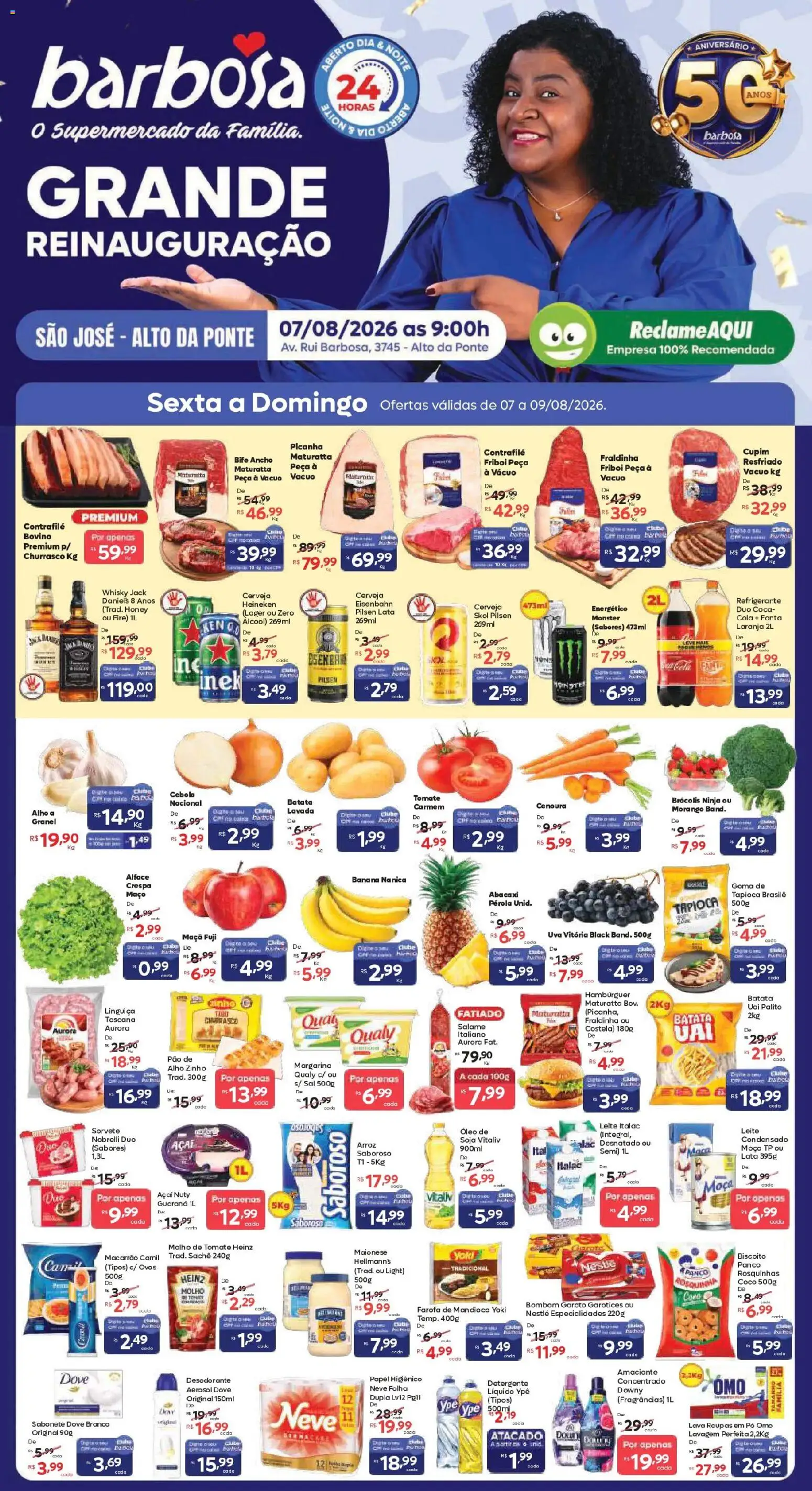 Pré-Visualização do folheto "Barbosa Supermercados ofertas Reinauguração" da loja Barbosa Supermercados válido a partir de 07/08/2026 - Uva, Óleo, Batata, Detergente, Bombom, Papel higiênico, Salame, Dove