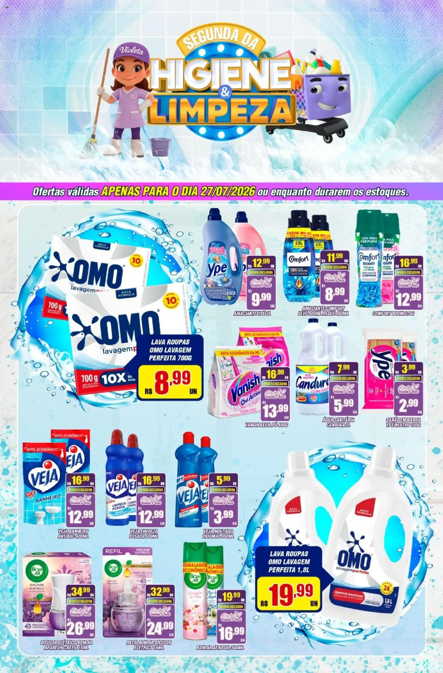 Pré-Visualização do folheto "Violeta Supermercados - Ofertas da semana" da loja Violeta Supermercados válido a partir de 27/07/2026 - Perfume, Água, Álcool, Vanish, Amaciante, Cloro, Sabão, Sabão em barra