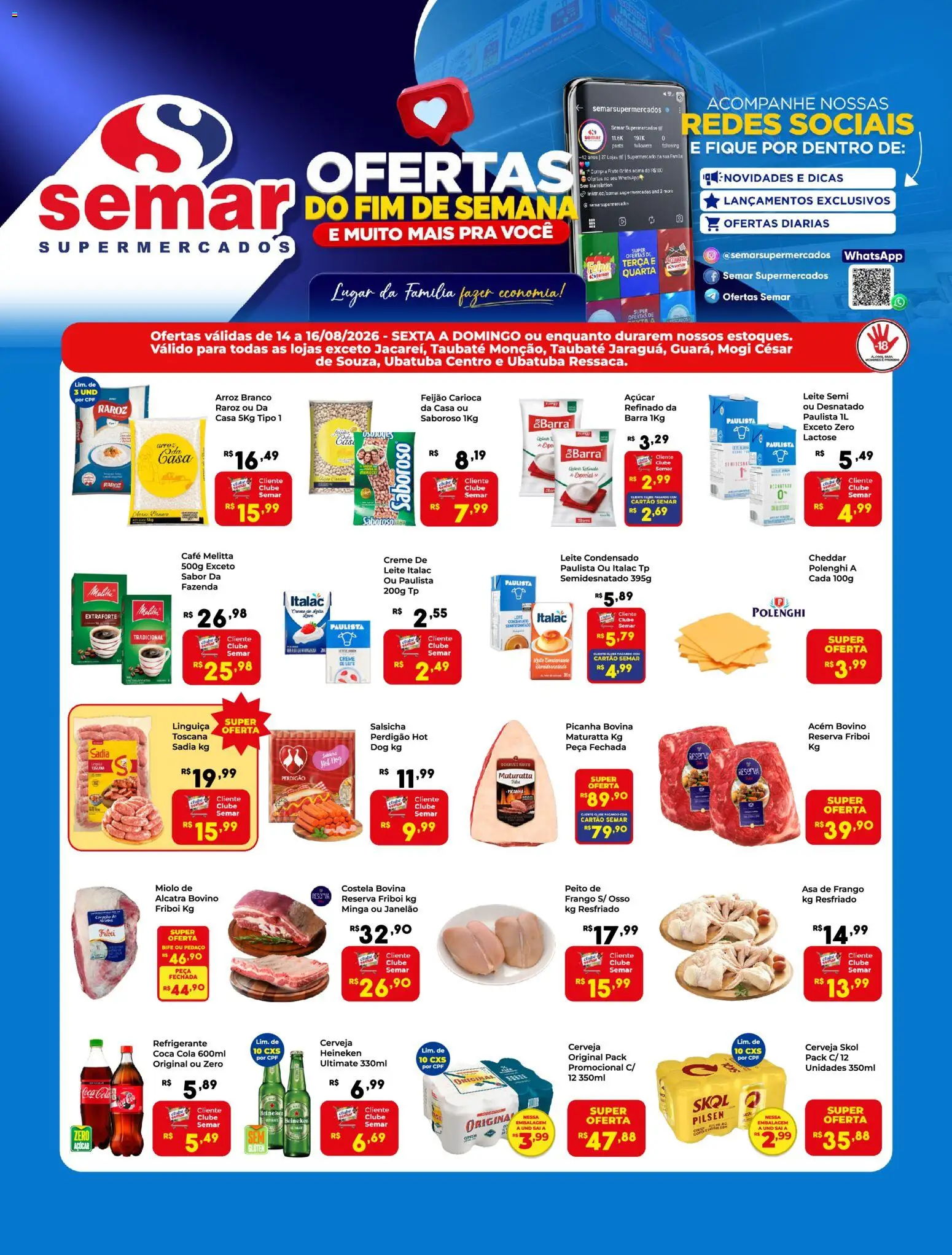 Pré-Visualização do folheto "Semar Supermercado ofertas FDS" da loja Semar Supermercado válido a partir de 14/08/2026 - Heineken, Cerveja, Leite condensado, Arroz, Açúcar, Creme, Alcatra, Acém
