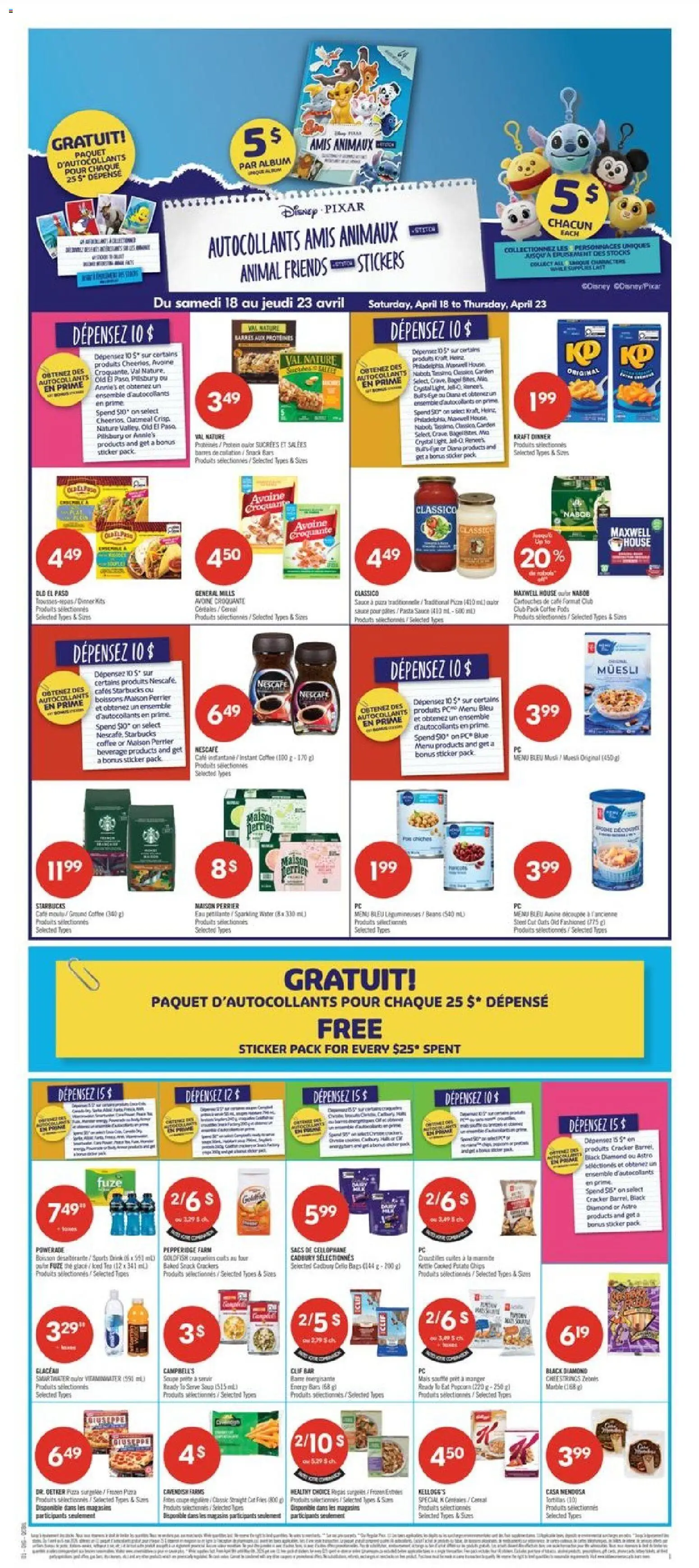Preview of leaflet Pharmaprix weekly flyer / circulaire from shop Pharmaprix is valid from Apr 17, 2026 - Suit, Water, Cheese, Chips, Fries, Iced tea, Sports drink, Frozen fries