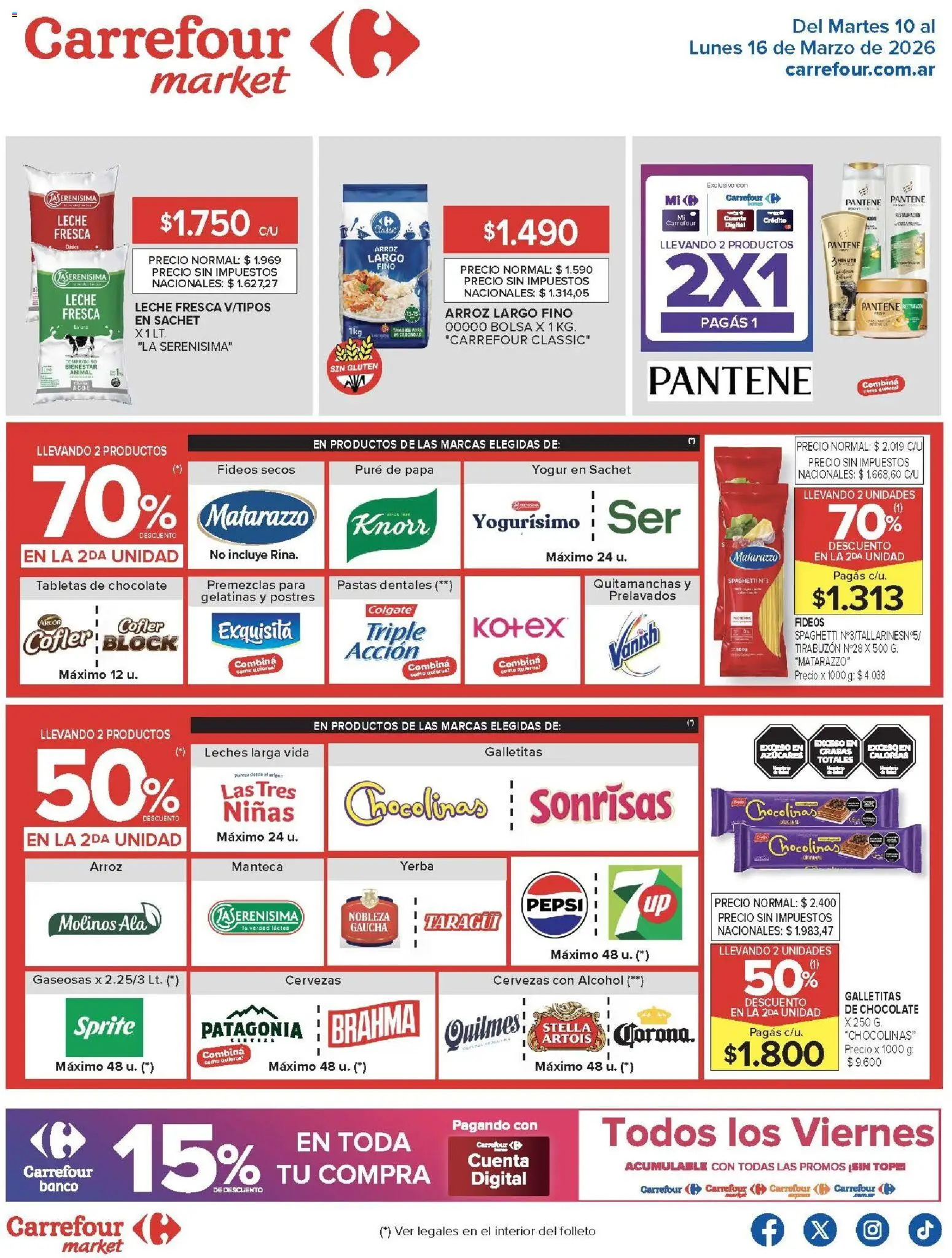 Vista previa del folleto de la tienda Carrefour Market válido desde el 10/03/2026 - Papa, Chocolate, Alcohol, Yerba, Pepsi, Fideos, Sprite, Puré