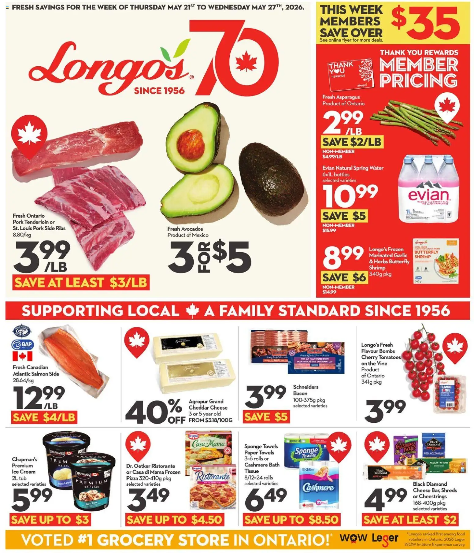 Preview of leaflet Longo's weekly flyer / circulaire from shop Longo's is valid from May 21, 2026 - Pizza, Ice cream, Water, Ice, Cream, Bath, Sponge, Cheddar