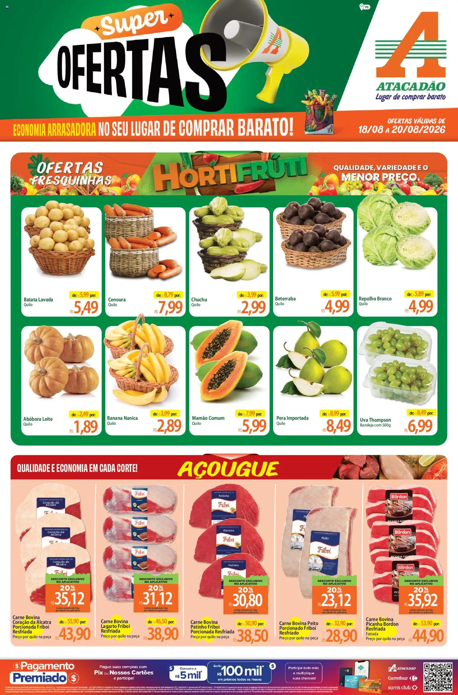 Pré-Visualização do folheto "Atacadão ofertas - PE" da loja Atacadão válido a partir de 18/08/2026 - Picanha, Abóbora, Pera, Cenoura, Repolho, Alcatra, Carne bovina, Repolho branco