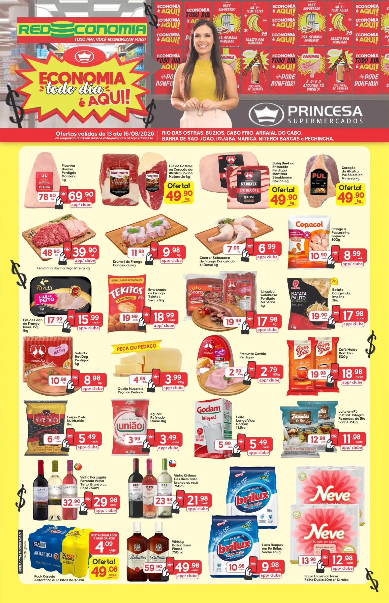 Pré-Visualização do folheto "Princesa ofertas" da loja Princesa válido a partir de 13/08/2026 - Whisky, Roupas, Leite, Queijo, Açúcar, Alcatra, Presunto, Muçarela