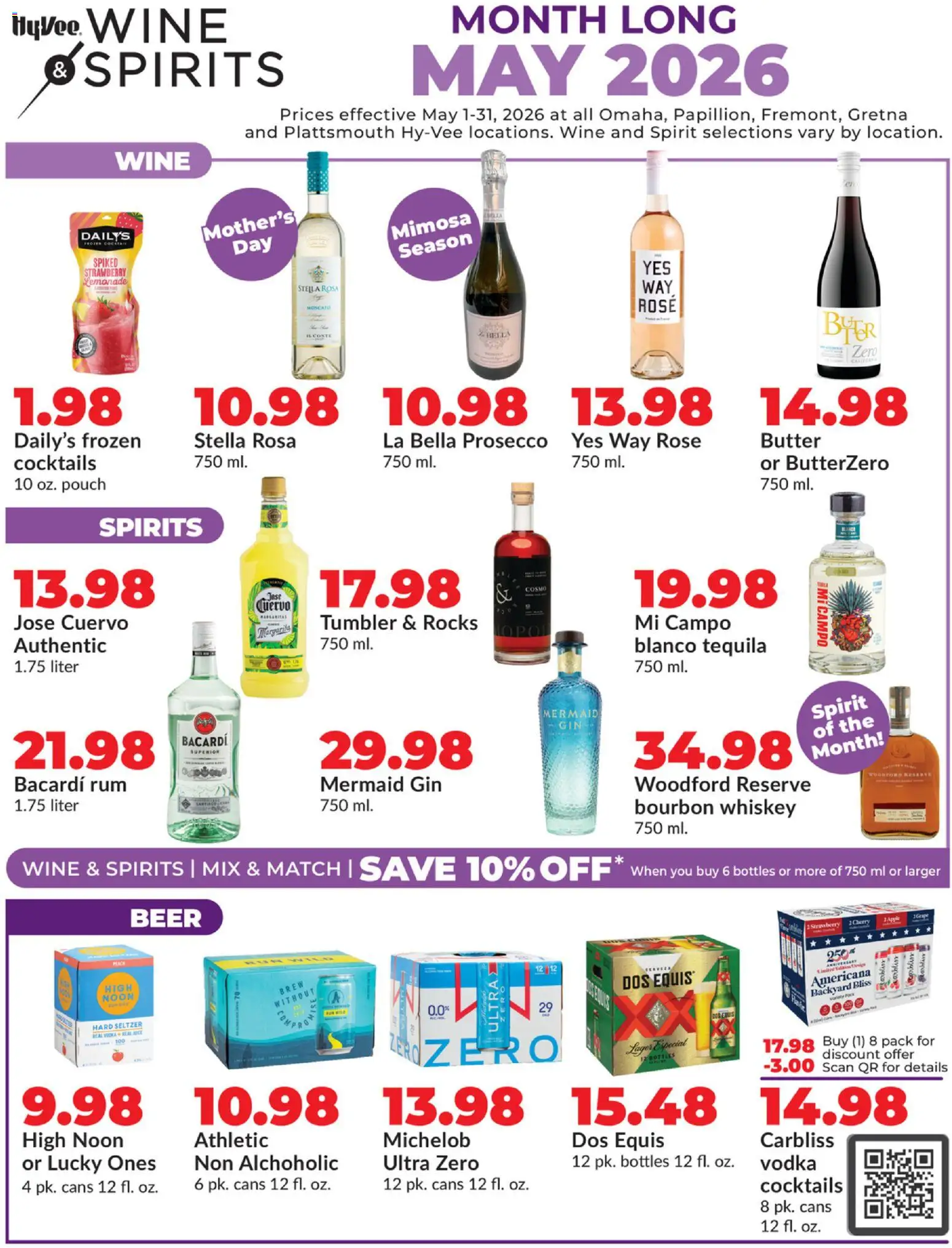 Ad Preview of HyVee HyVee Wine & Spirits Monthlong from 05/01/2026 - Beer, Tequila, Peach, Lemonade, Prosecco, Bourbon, Vodka, Bacardi