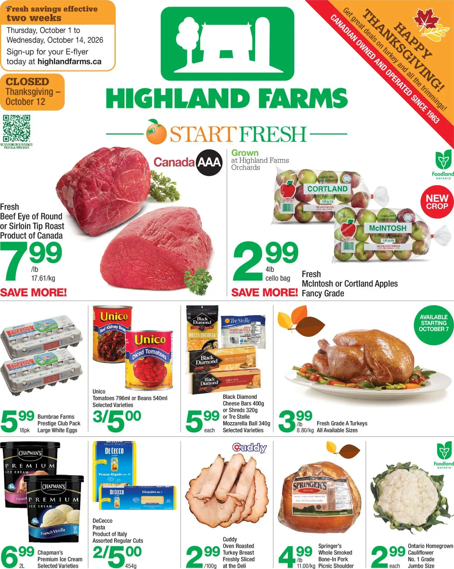 Preview of leaflet Highland Farms weekly flyer / circulaire from shop Highland Farms is valid from Oct 01, 2026 - Cheese, Ice, Beef, Beans, Vanilla, Cauliflower, Cream, Roast