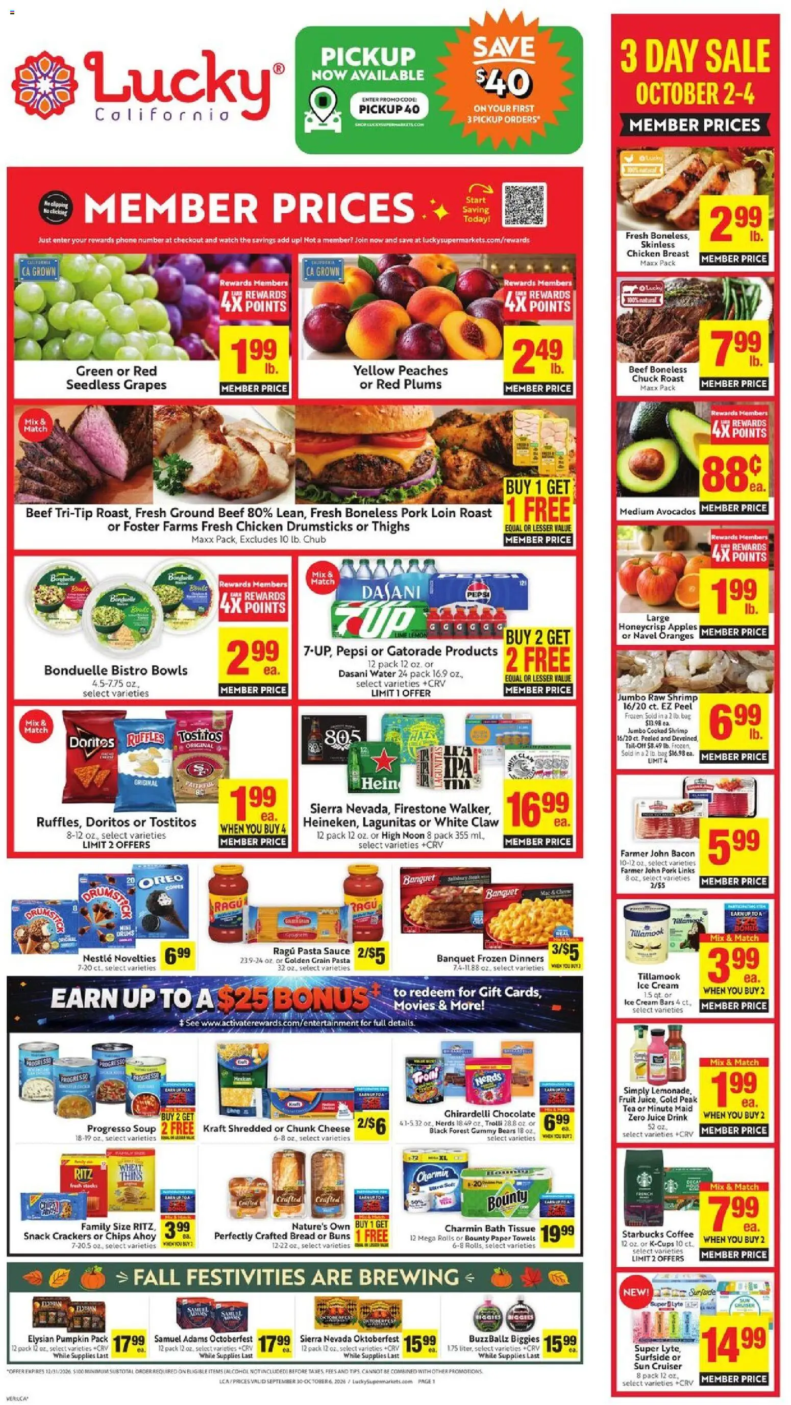 Ad Preview of Lucky Supermarkets Lucky Supermarkets Weekly from 09/30/2026 - Coffee, Apples, Pumpkin, Shrimp, Grapes, Crackers, Drumsticks, Seedless grapes